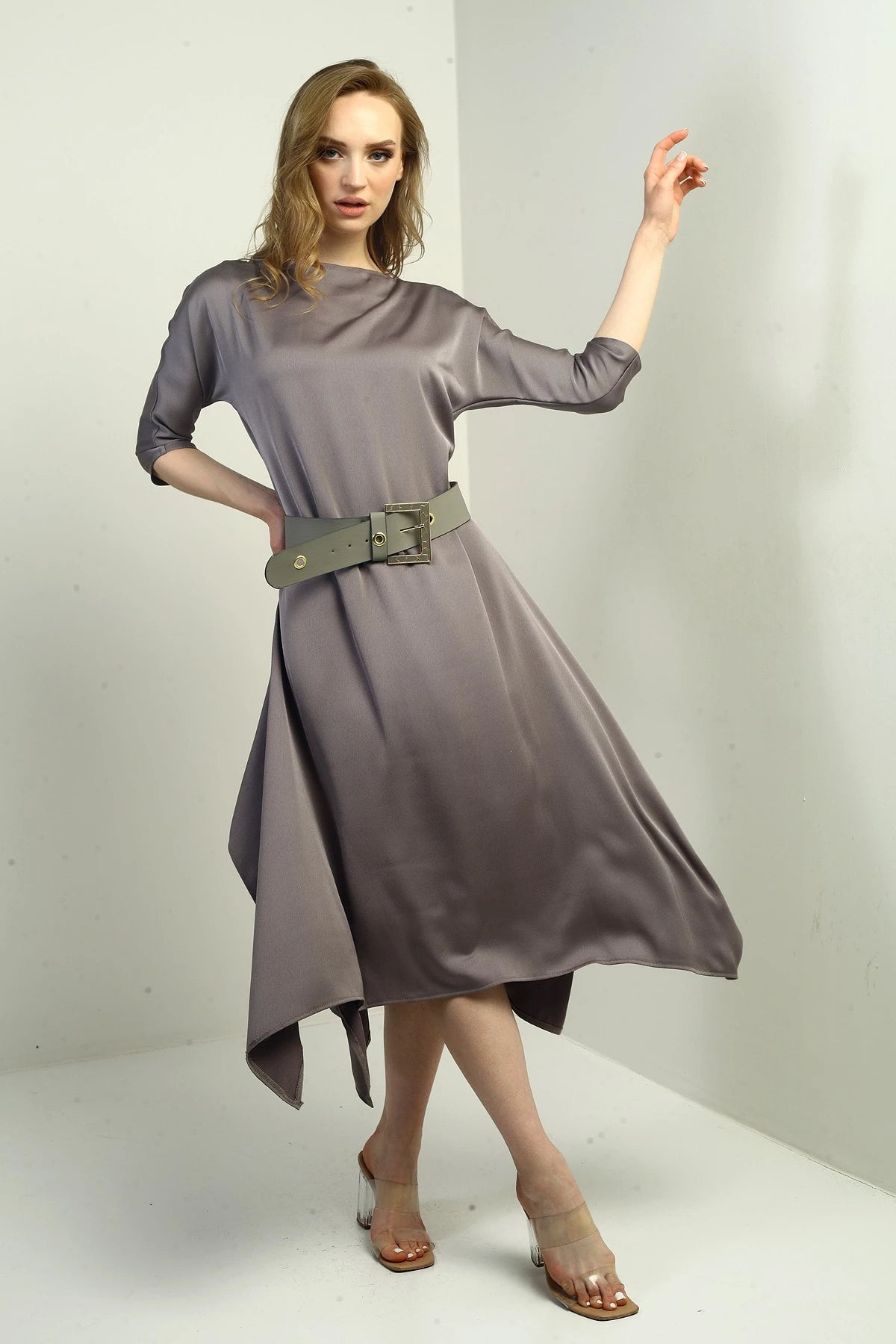 Image of Women's Quarter Sleeve Asymmetrical Crepe Satin Midi Dress with Belted Waist