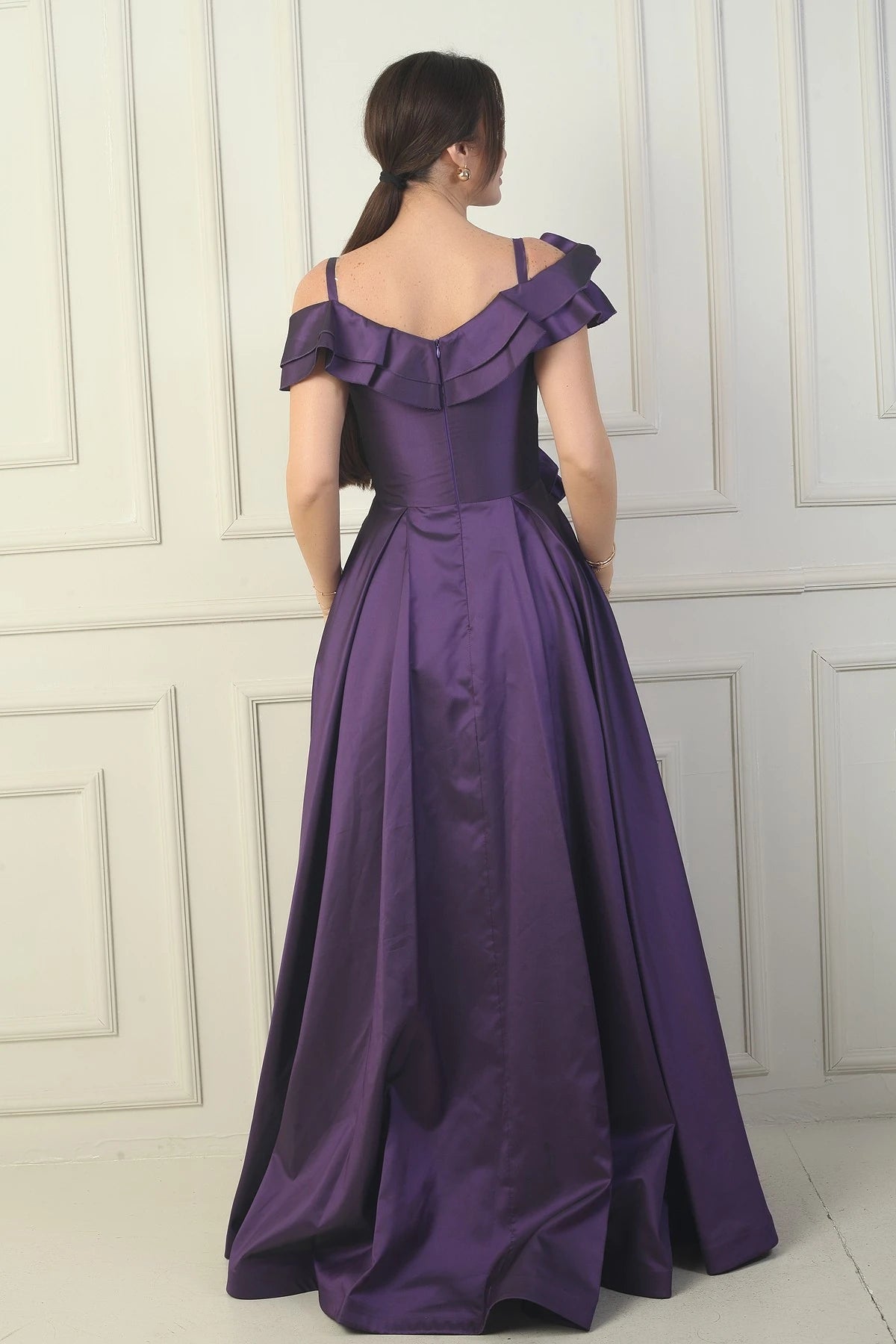 Image of Women's Strappy Boat Neck Long Taffeta Evening Dress with Rose Detail, Lined, and Pockets