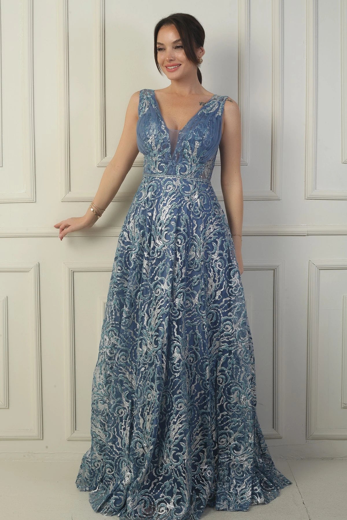 Image of Women's Front and Back V-Neck, Bust Pleat, Back Lace-up, Lined, Glitter Flock Print Long Evening Dress
