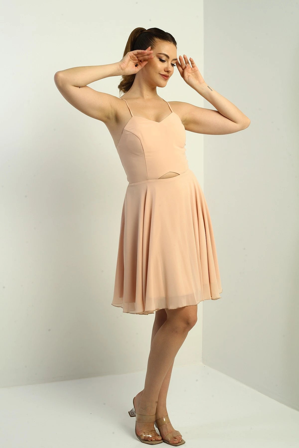 Image of Women's Strappy, Back-Tie, Front-Opening, Lined Chiffon Short Flared Dress