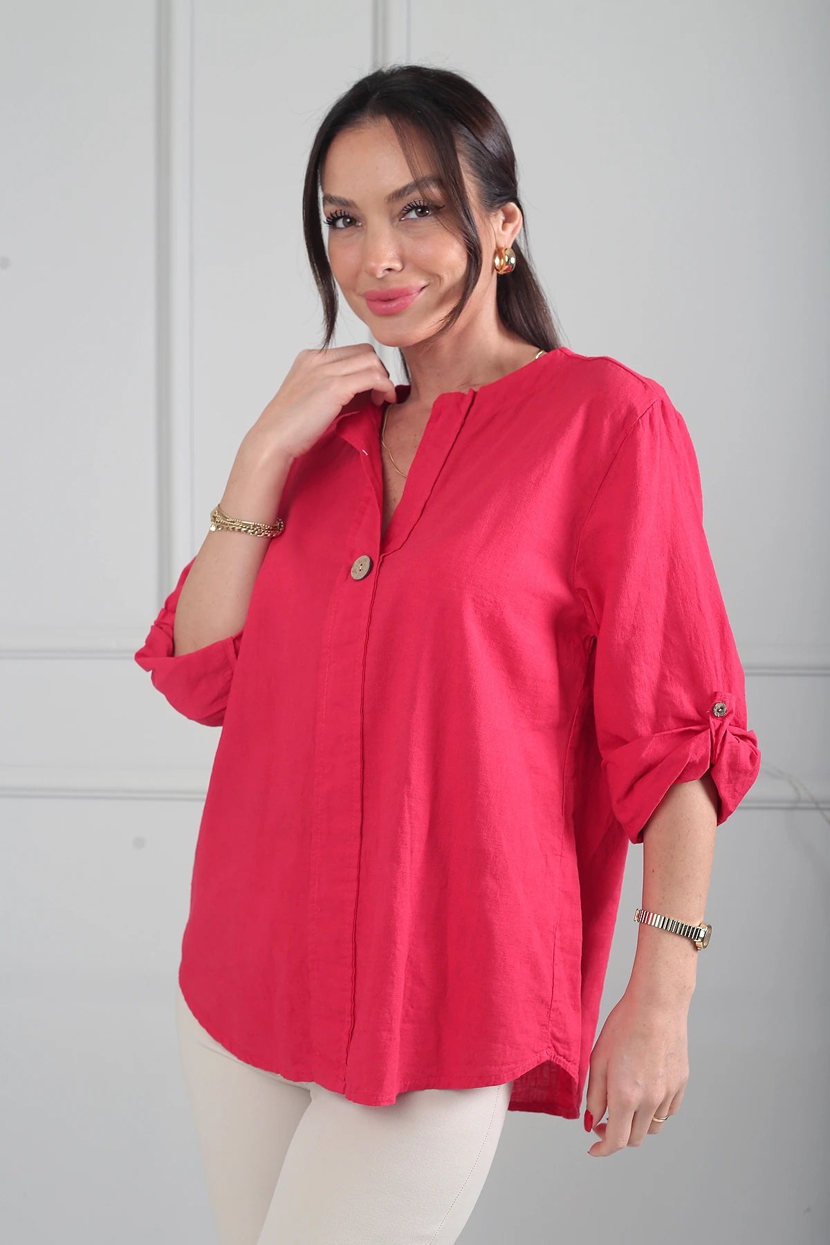 Image of Kadın Düğme Detaylı İtalyan Cotton Oversize Bluz