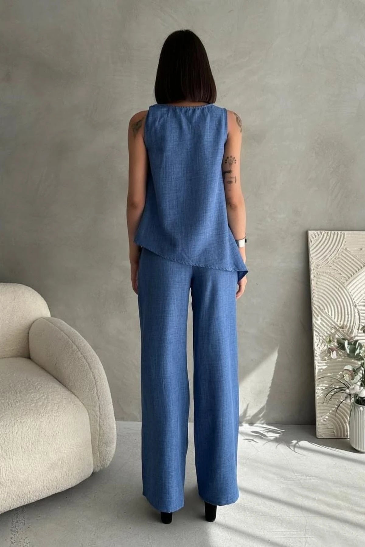 Image of Kadın Toka Detaylı Eteği Asimetrik Bluz Beli Lastikli Cepli Palazzo Pantolon Keten 2'li Takım