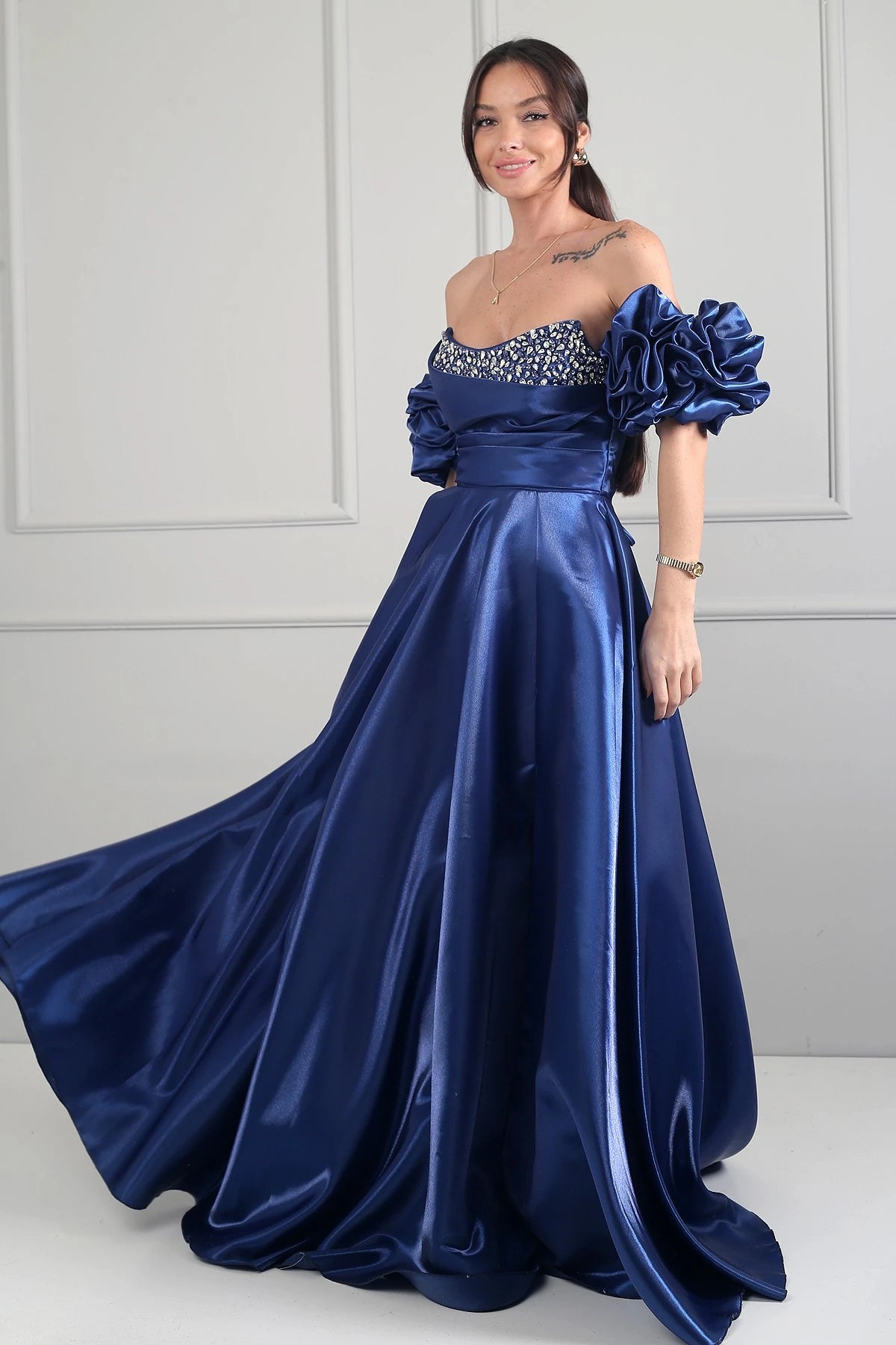 Image of Women's Strapless Balloon Sleeve Lined Long Satin Dress with Stone Embellishments