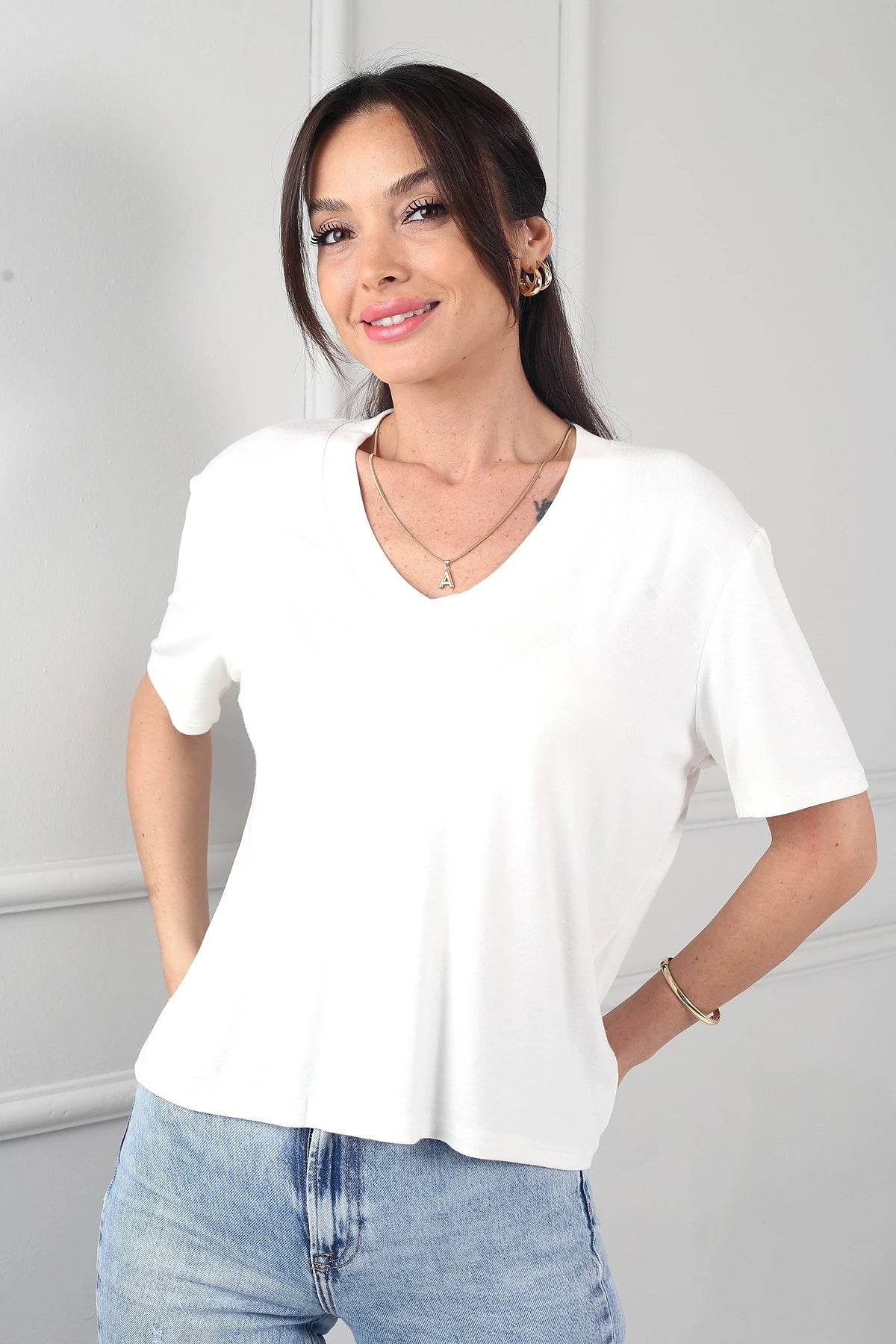 Image of Women's Interlock V-Neck Lycra Loose-Fitting Blouse
