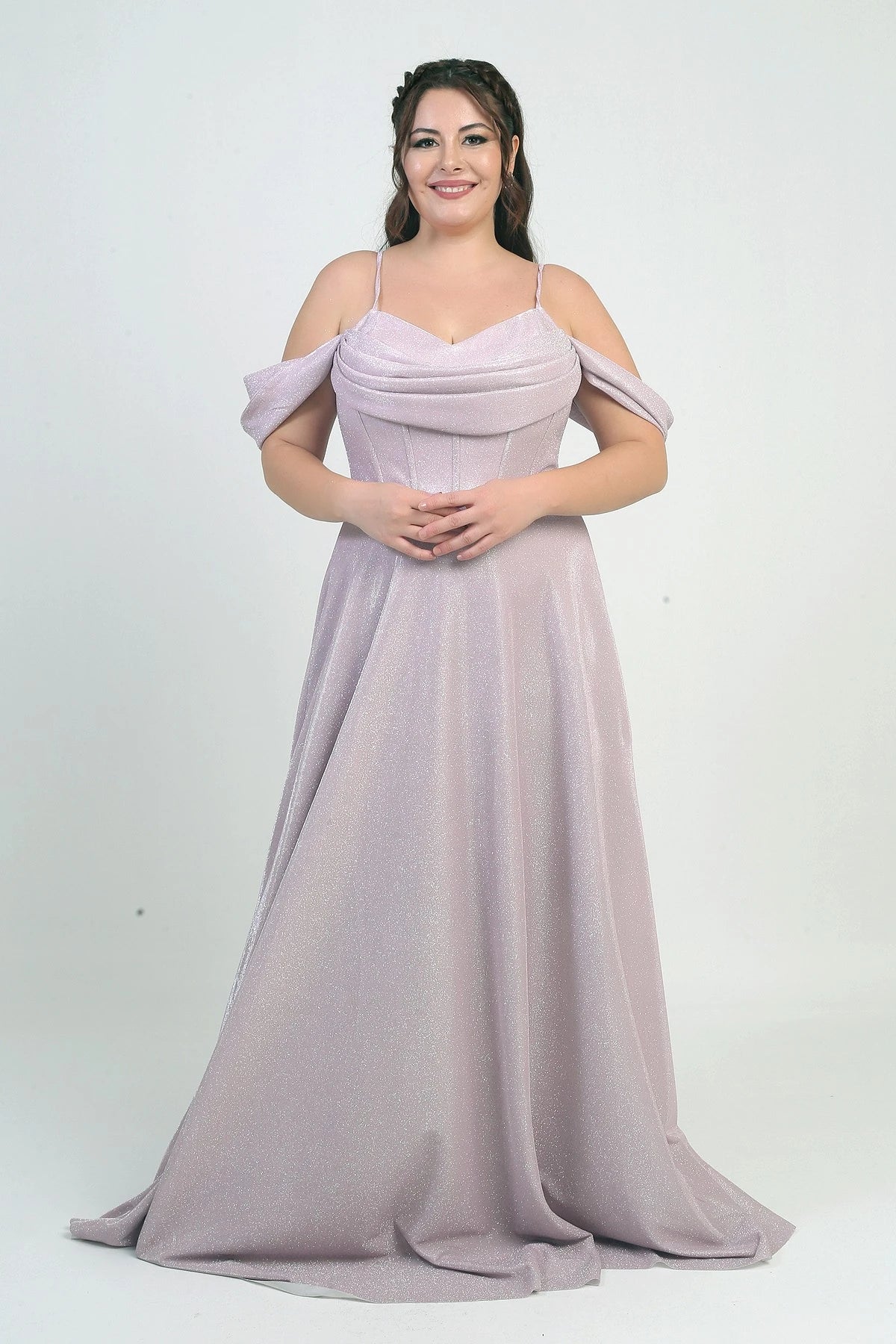 Image of Women's Strappy, Back Lace-Up, Bust Draped, Lined, Underwired, Plus Size Glitter Dress