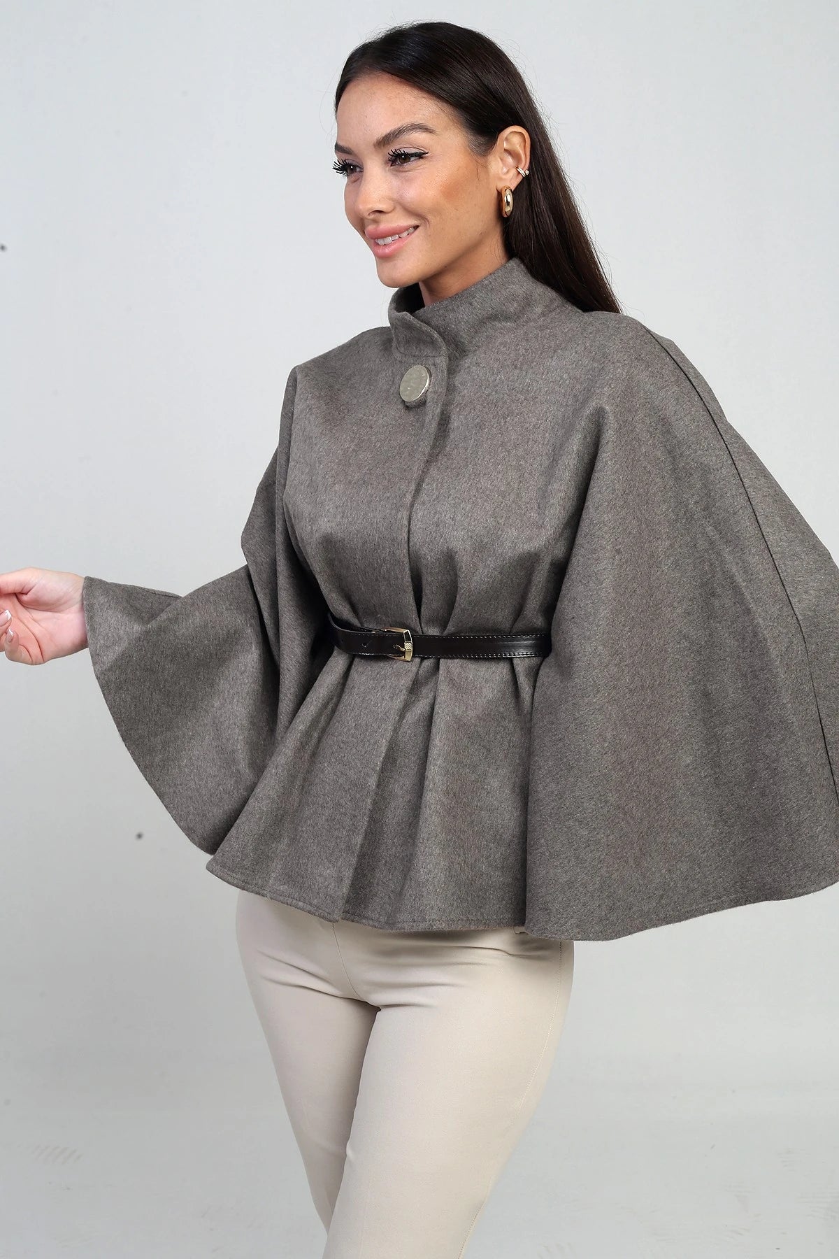 Image of Women's Single-Button Belted Cashmere Poncho