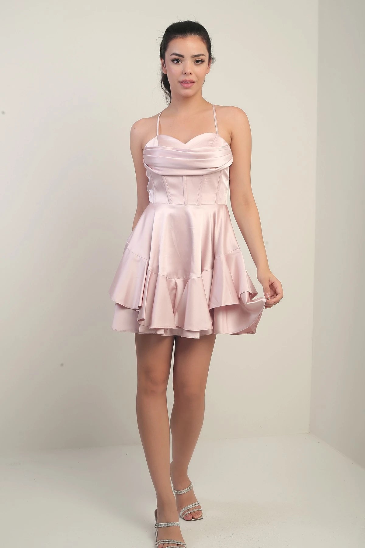 Image of Women's Strappy Back Tie Underwired Short Satin Dress with Layered Lining
