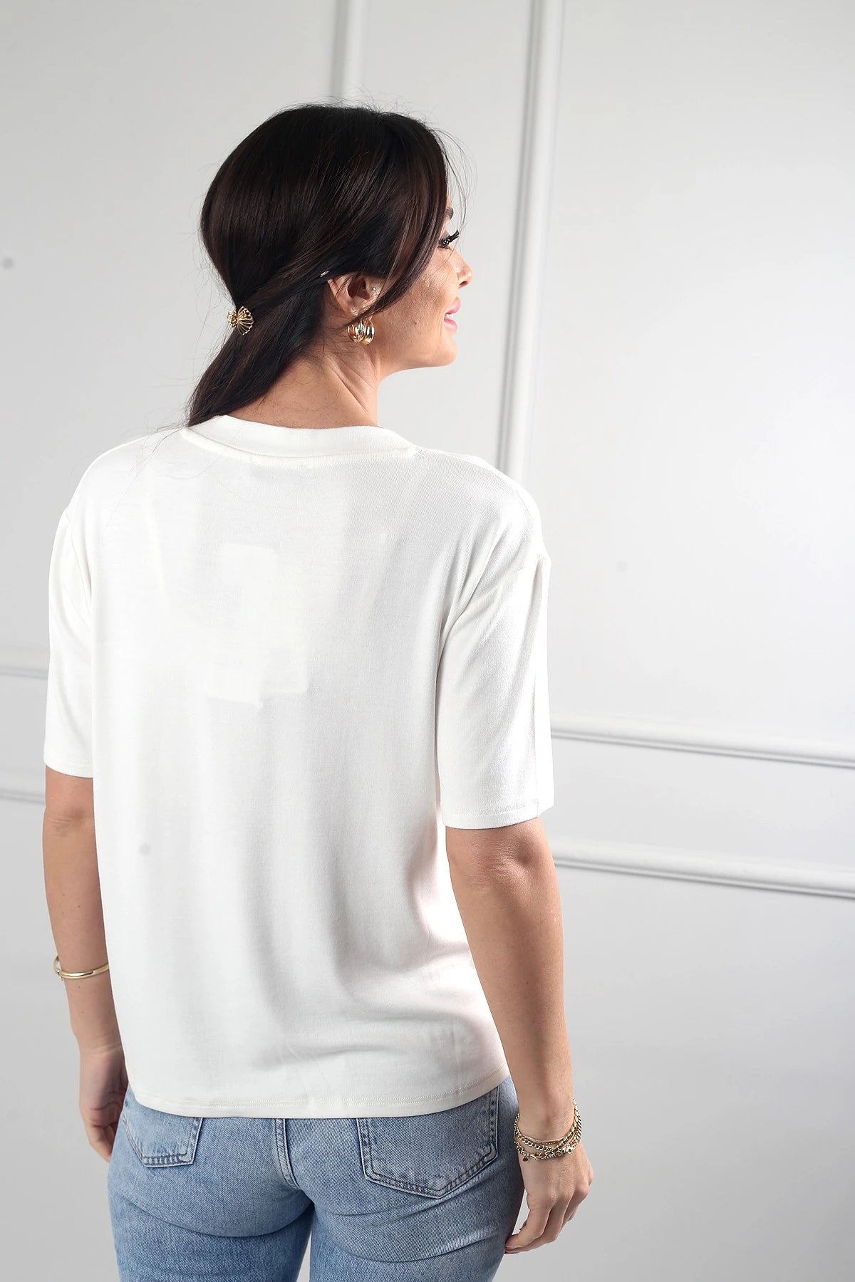 Image of Women's Interlock V-Neck Lycra Loose-Fitting Blouse