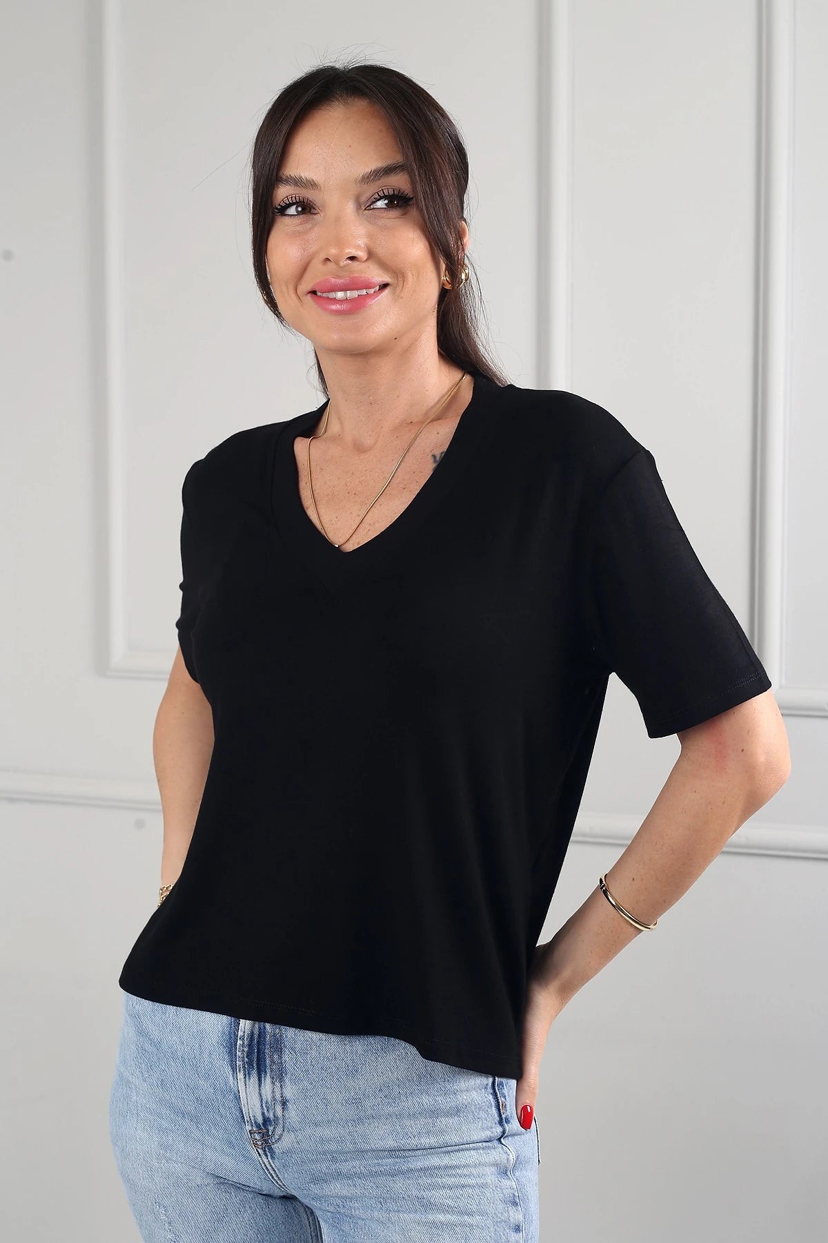 Image of Women's Interlock V-Neck Lycra Loose-Fitting Blouse