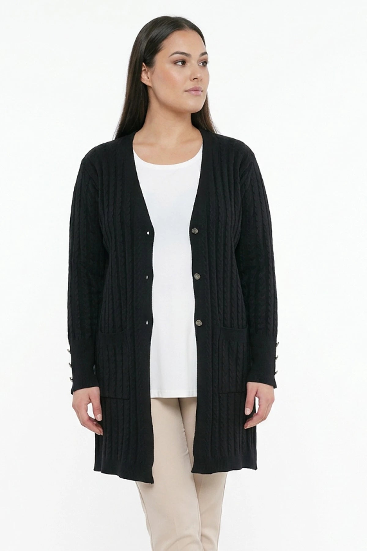 Image of Women's Cable Knit Mercerized Lycra Plus Size Cardigan