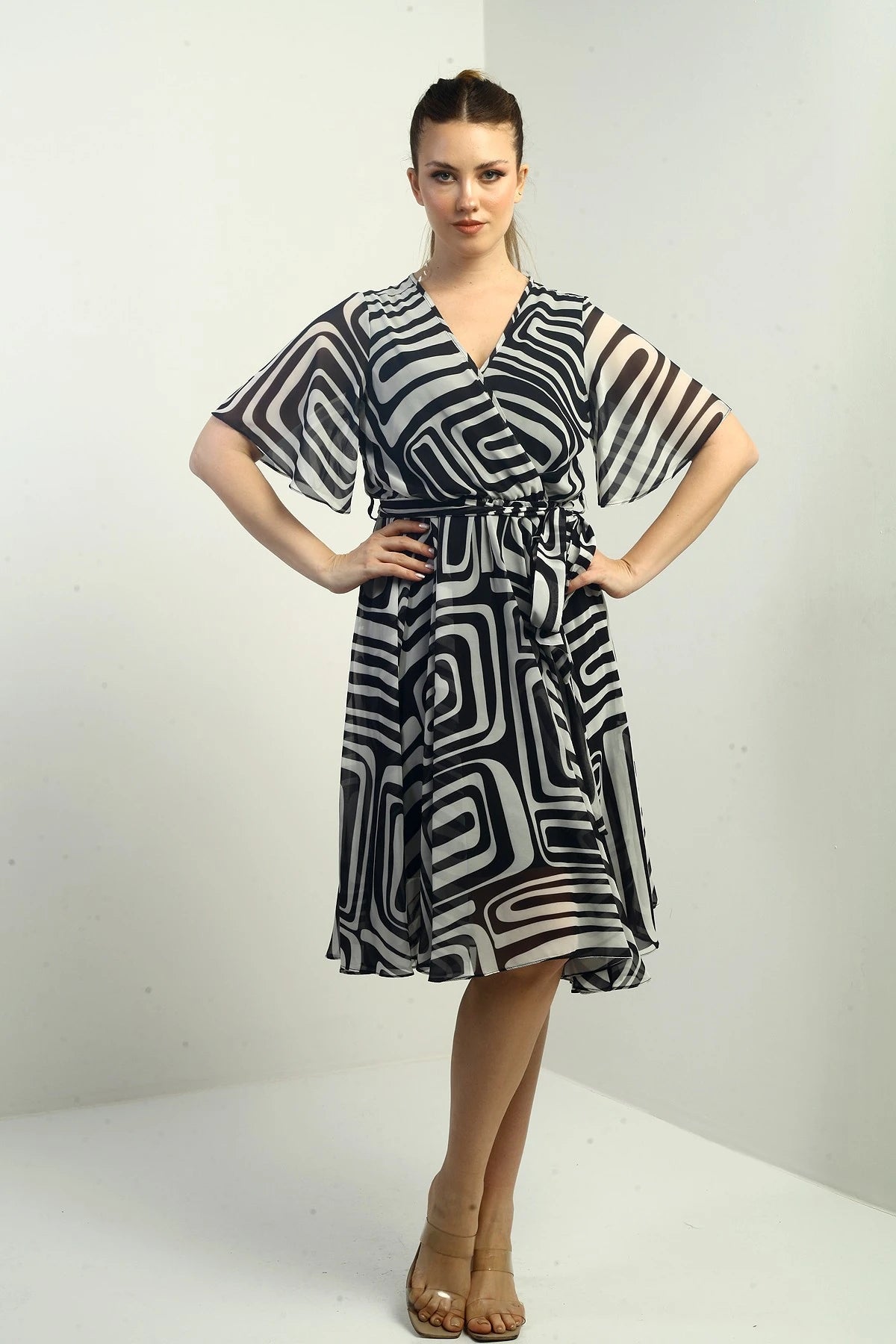 Image of Women's Wrap Neckline Belted Lined Geometric Pattern Chiffon Dress