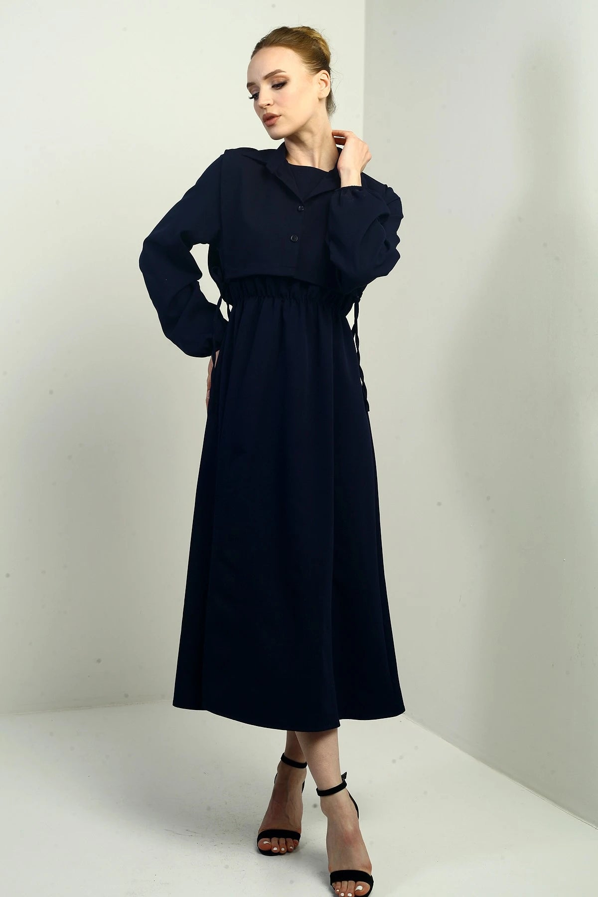 Image of Women's Button-Down Detachable Vest, Elastic Waist, Long-Sleeved Midi Dress