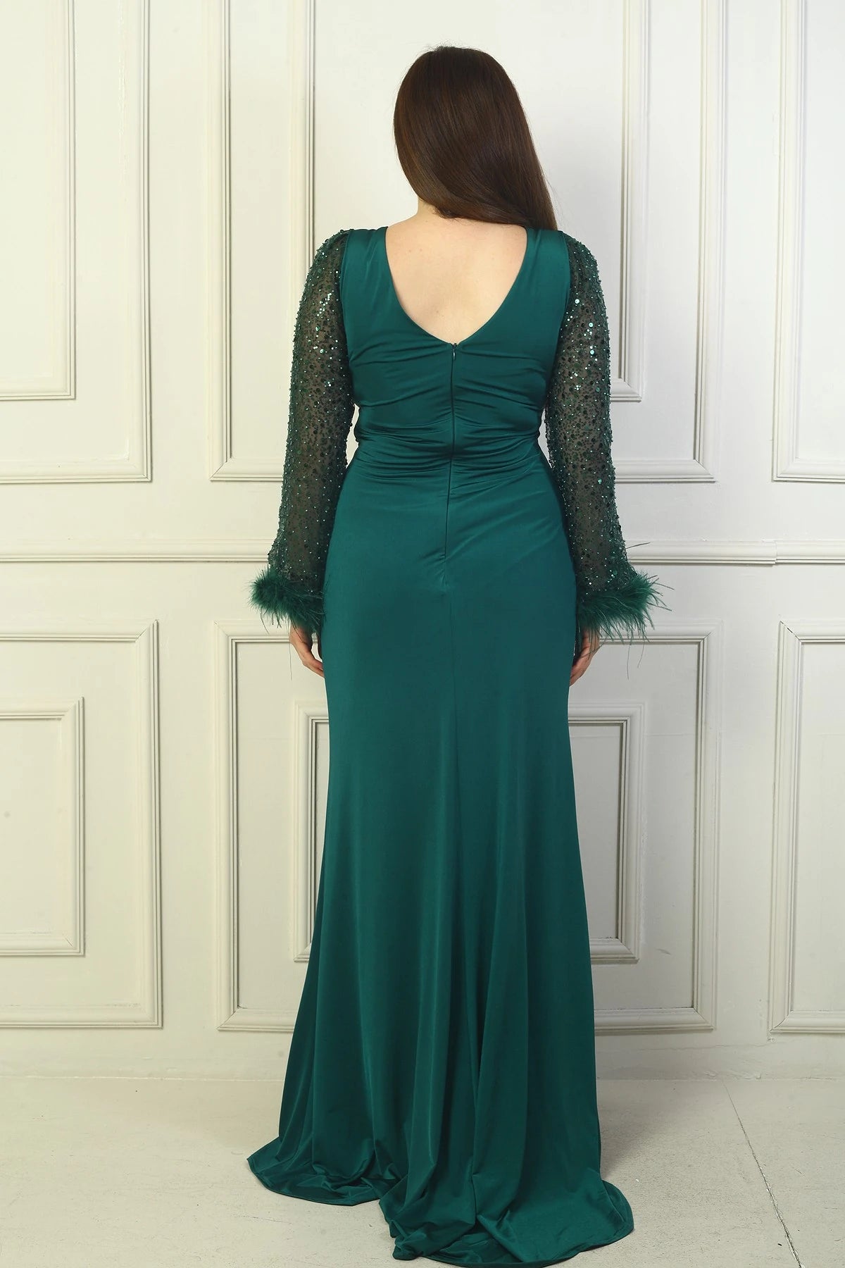 Image of Women's Wrap Neckline, Draped Front, Beaded and Sequin Detail, Feathered Tulle Sleeves, Lined, Plus Size Sandy Long Evening Dress