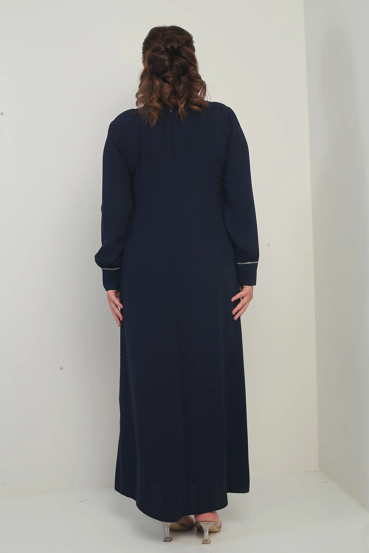 Image of Women's Plus Size Long Crepe Dress with Zippered Sleeves, Stone Embellishments, and Side Tie Closure