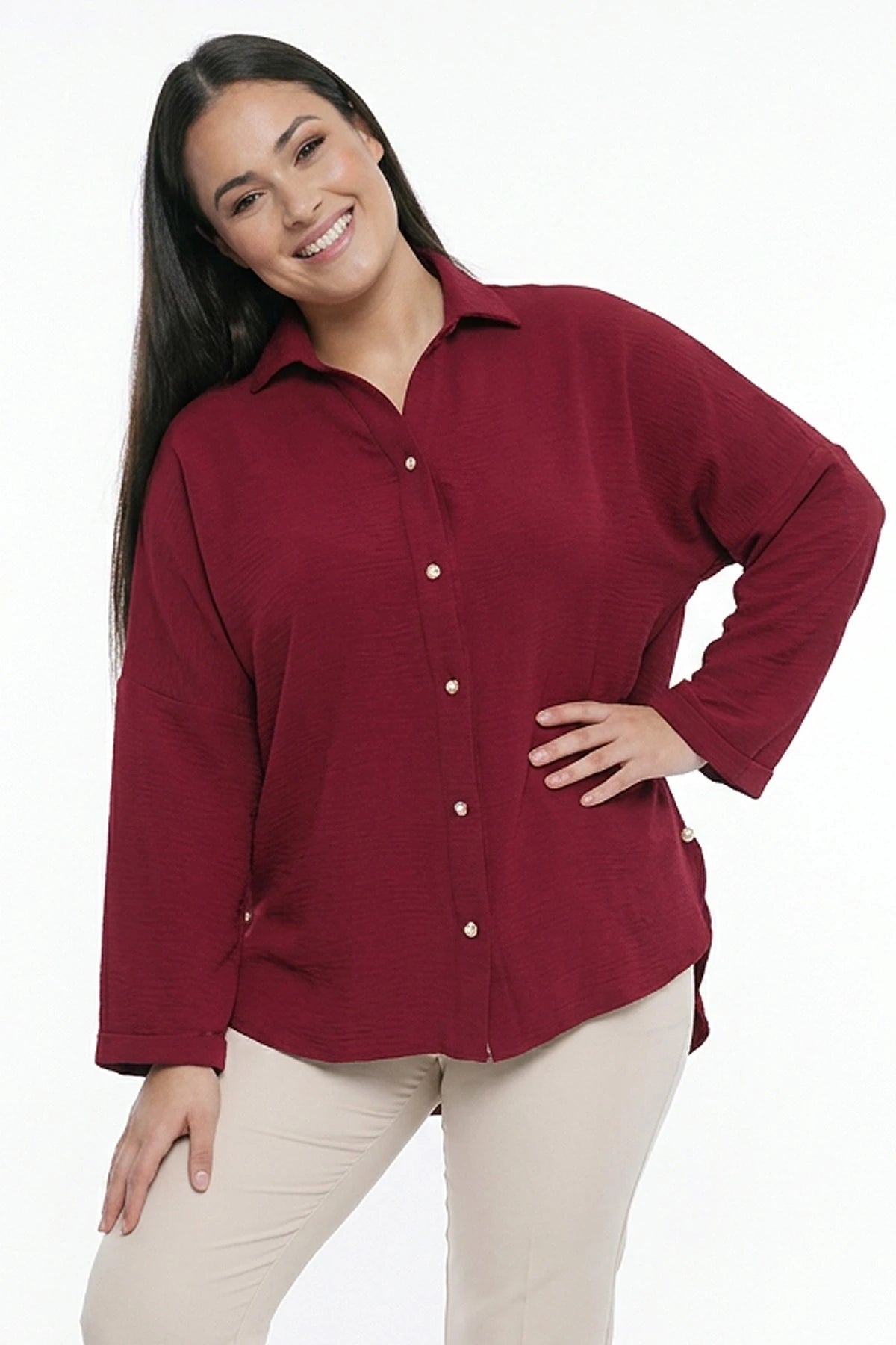 Image of Women's Plus Size Ayrobin Lycra Shirt with Pearl Details