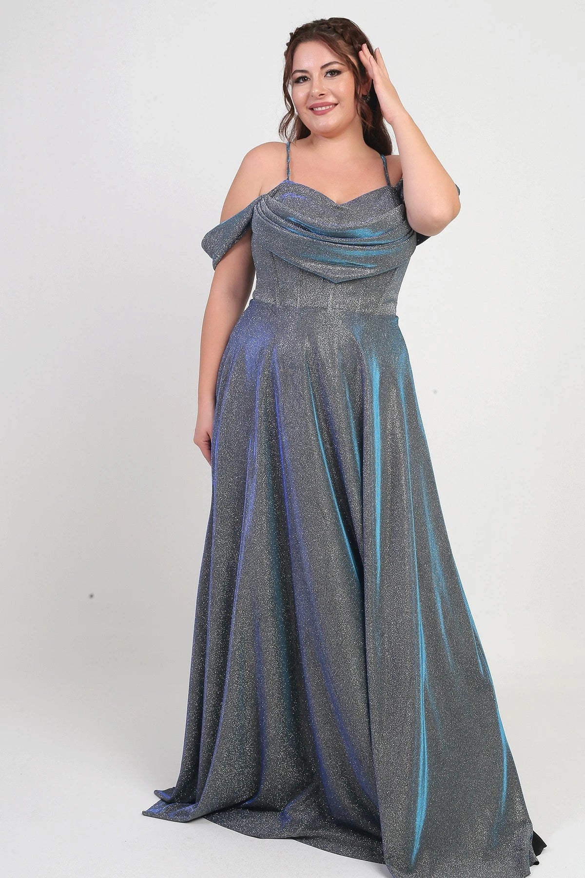 Image of Women's Strappy, Back Lace-Up, Bust Draped, Lined, Underwired, Plus Size Glitter Dress