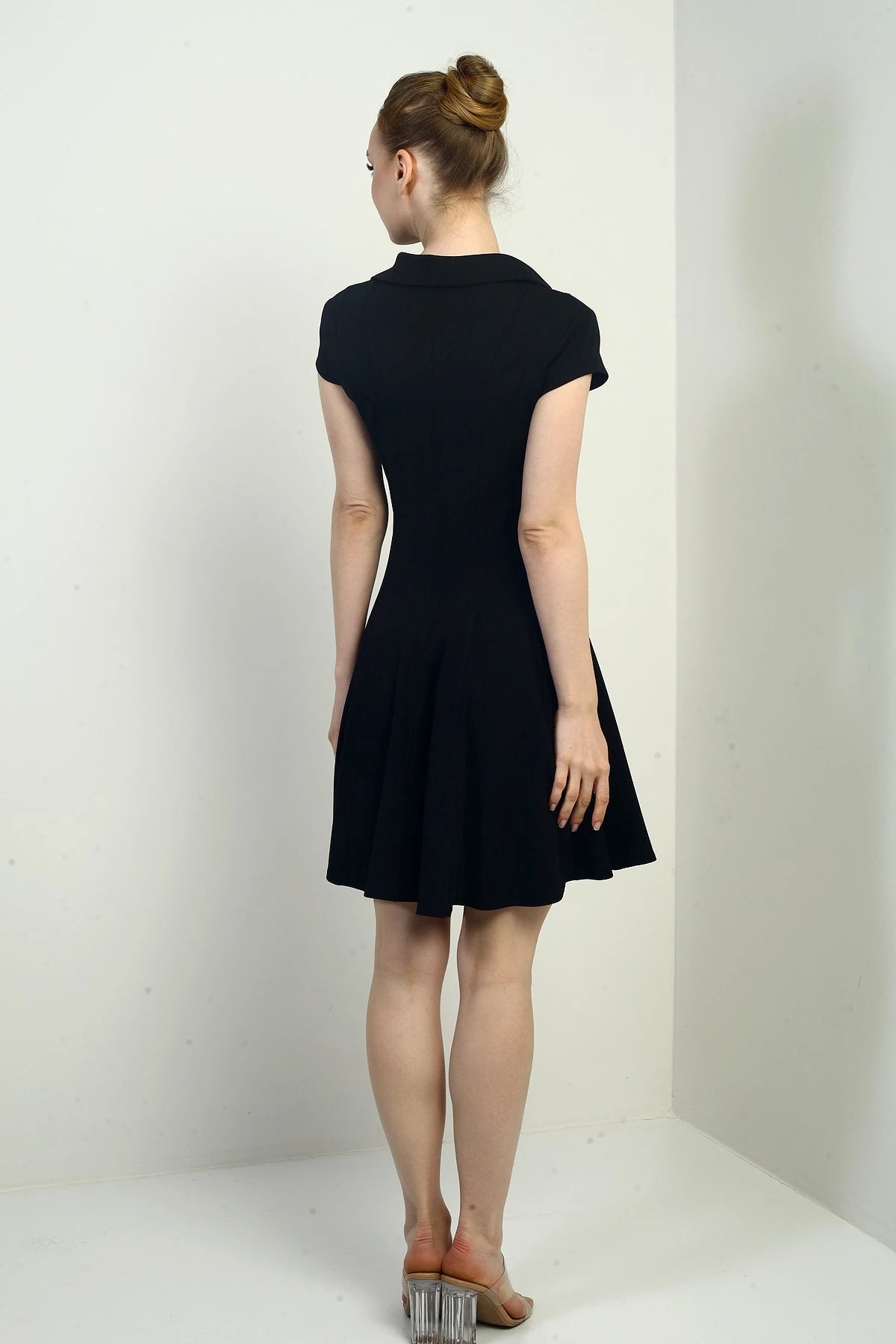 Image of Women's Polo Collar Long Sleeve Lycra Flared Short Dress