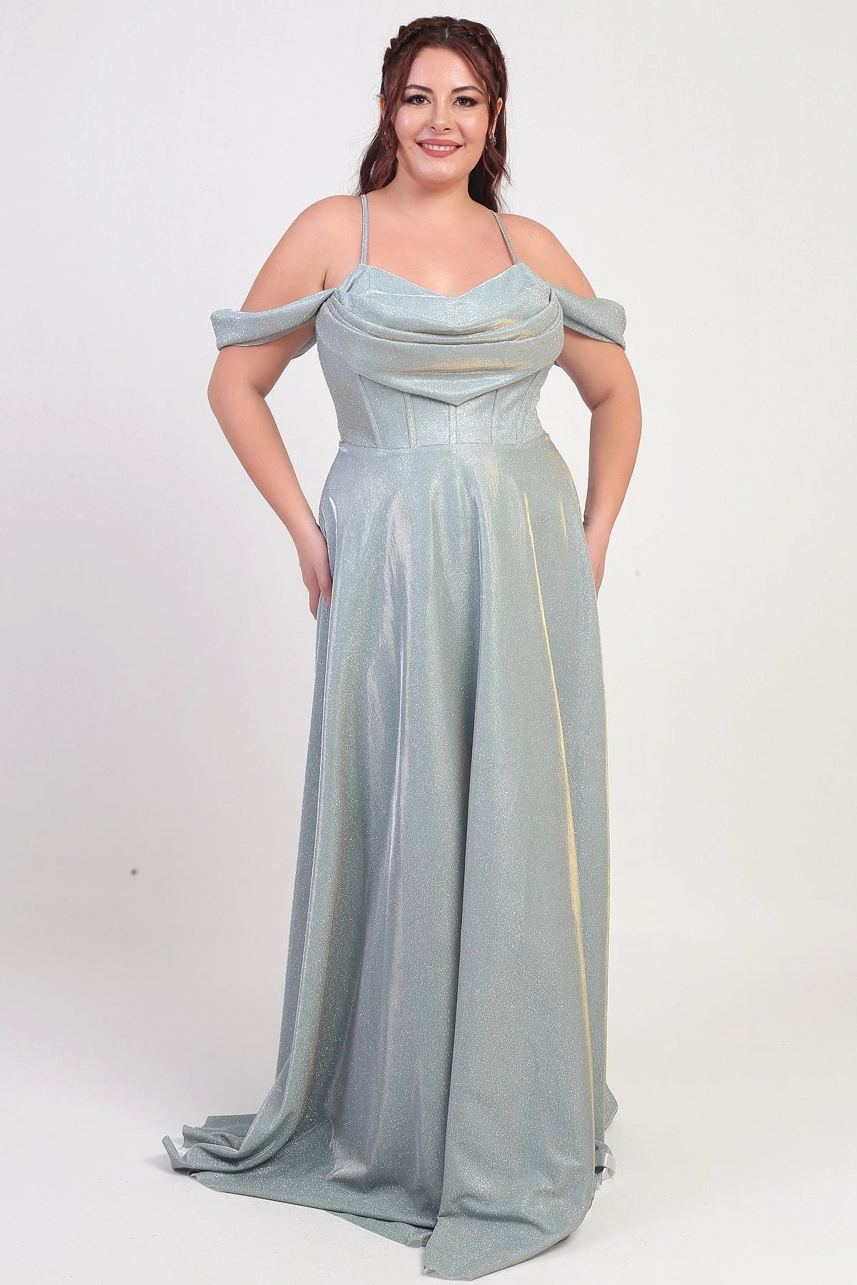 Image of Women's Strappy, Back Lace-Up, Bust Draped, Lined, Underwired, Plus Size Glitter Dress