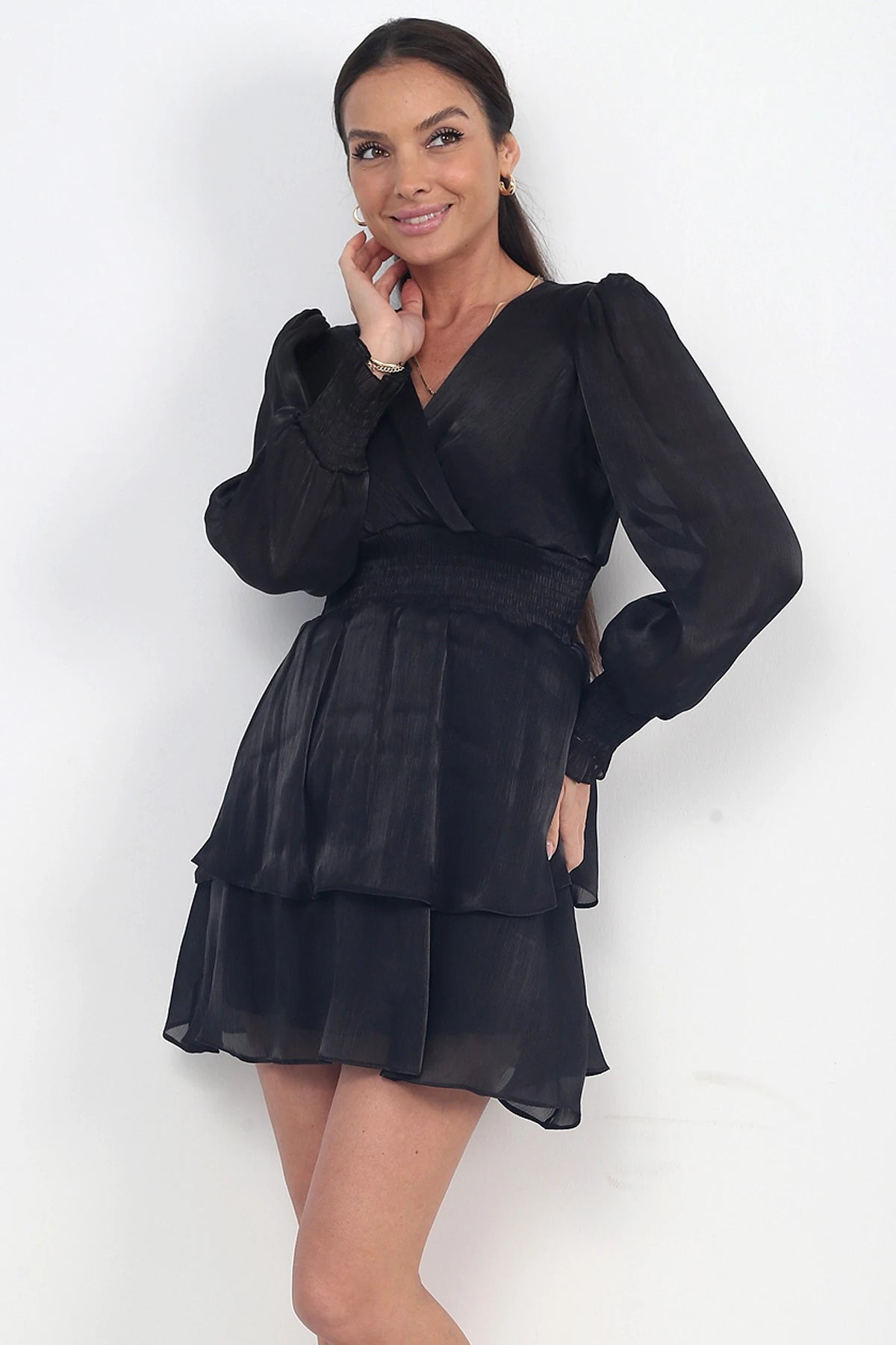 Image of Women's Wrap Neckline Lined Layered Chiffon Short Dress with Elastic Waistband