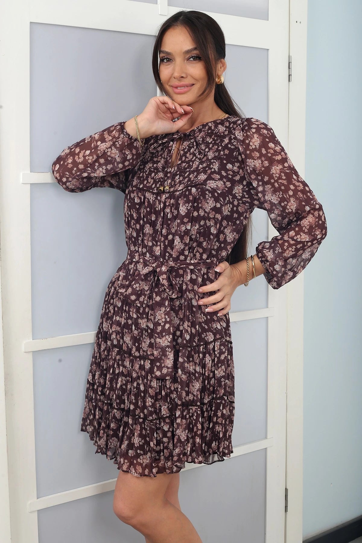 Image of Women's Short Chiffon Dress with Lace-up Neckline, Lined, and Floral Pattern.