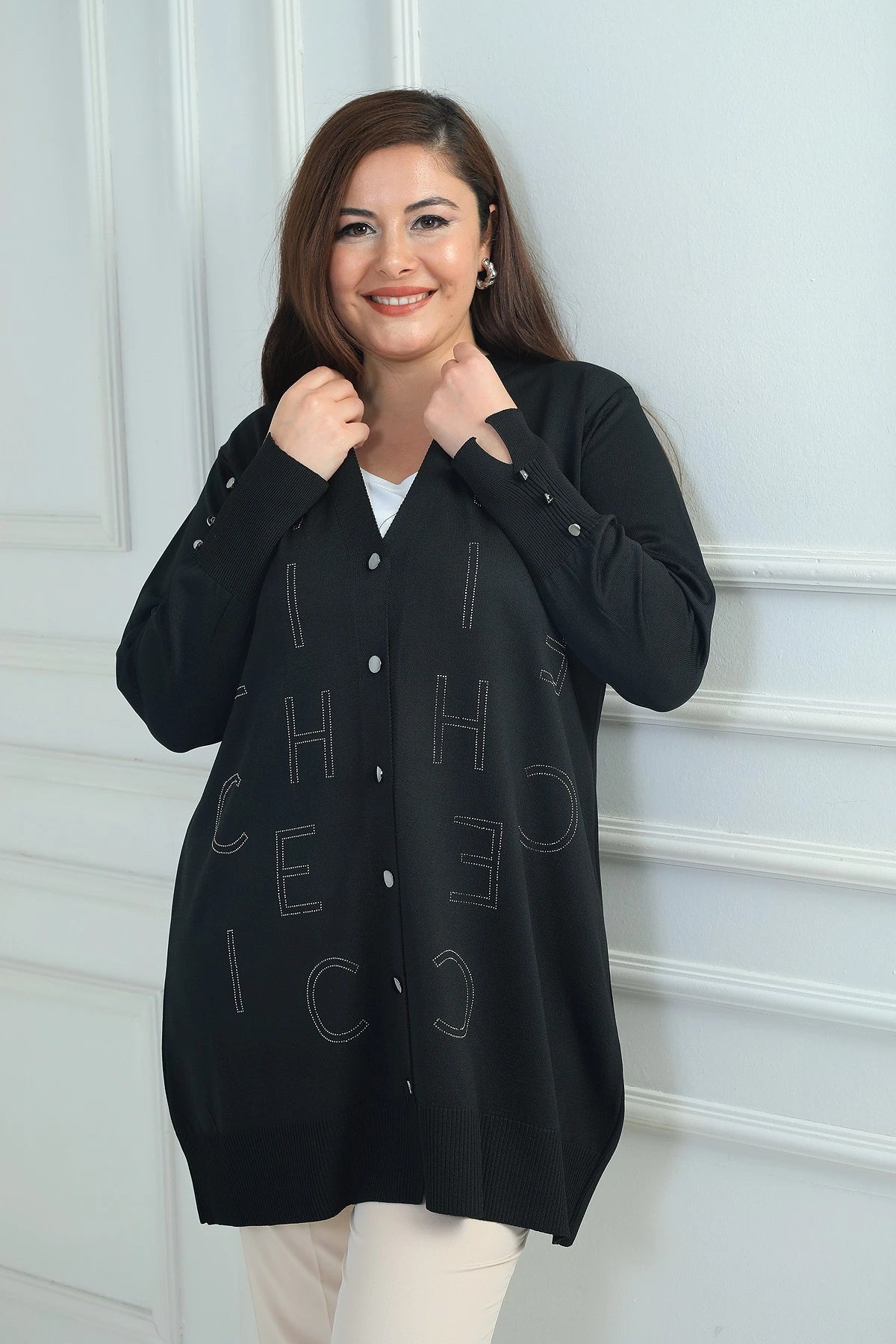 Image of Women's Plus Size Cardigan with Button Detail on Sleeves and Stone Letter Print, Cold Yarn.