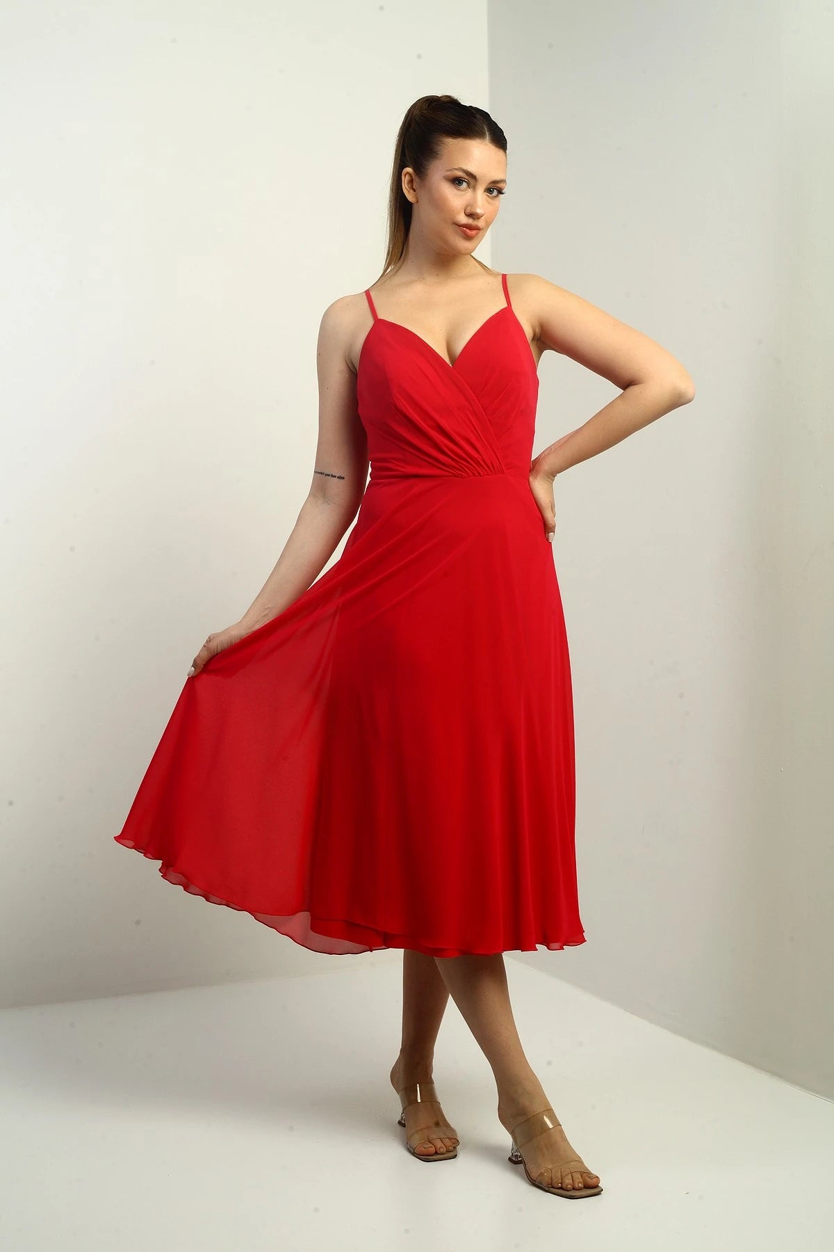Image of Women's Strappy Wrap Neckline Lined Lace-Up Back Flared Chiffon Dress