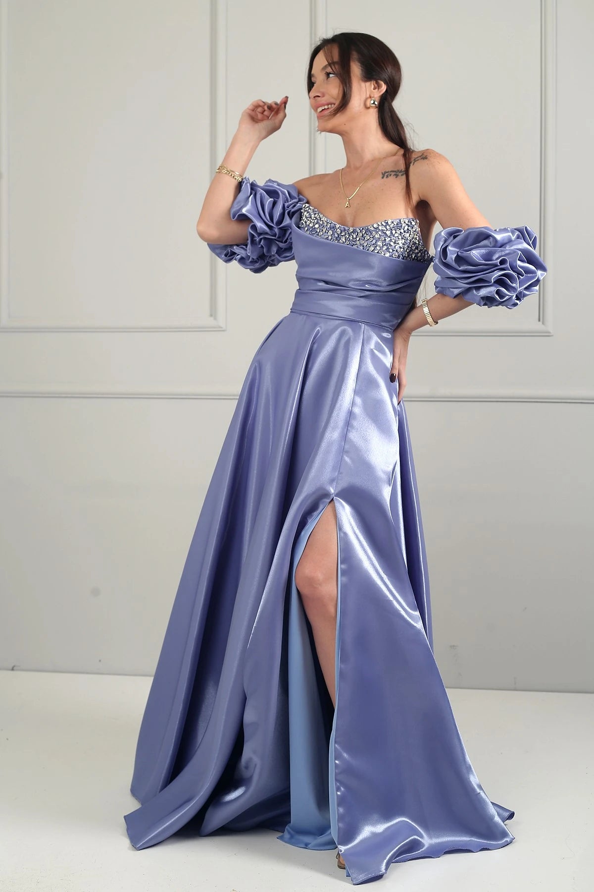 Image of Women's Strapless Balloon Sleeve Lined Long Satin Dress with Stone Embellishments