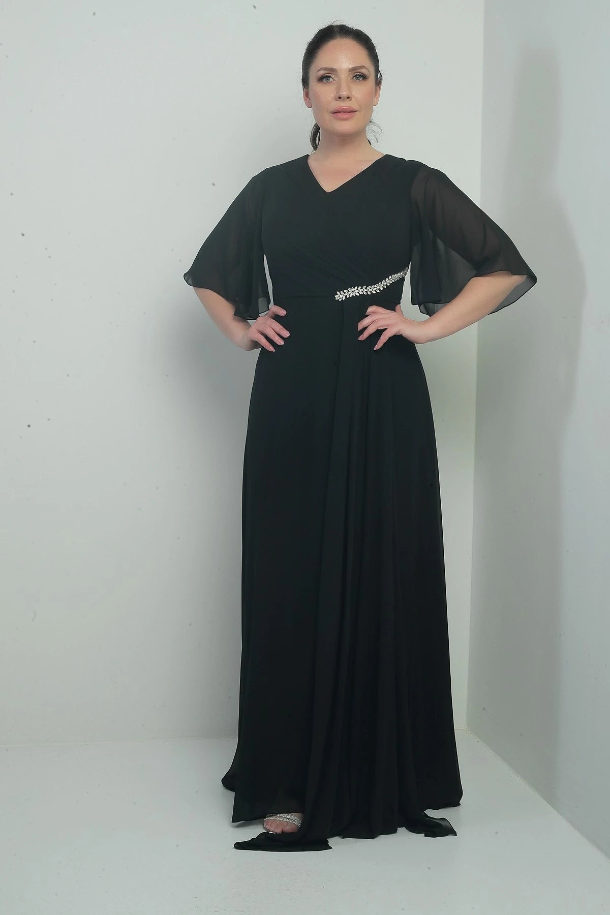 Image of Women's V-Neck, Waistband with Stone Embellishment, Draped, Lined, Plus Size Long Chiffon Dress
