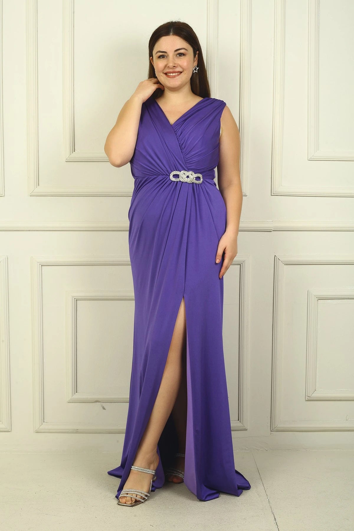 Image of Women's V-Neck Waist Buckle Draped Lined Front Slit Lycra Sandy Plus Size Long Dress