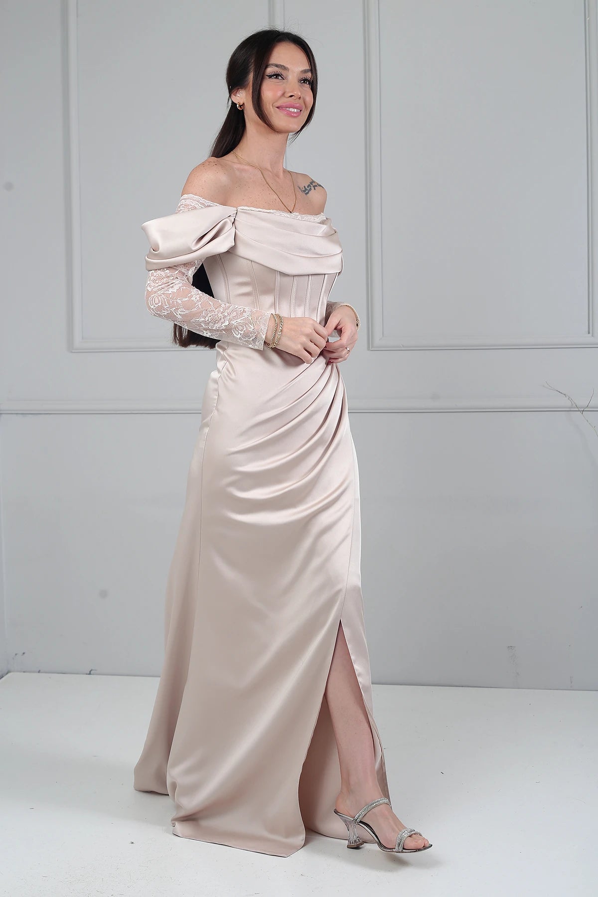 Image of Women's Boat Neck Lace Sleeve Lined Long Satin Dress