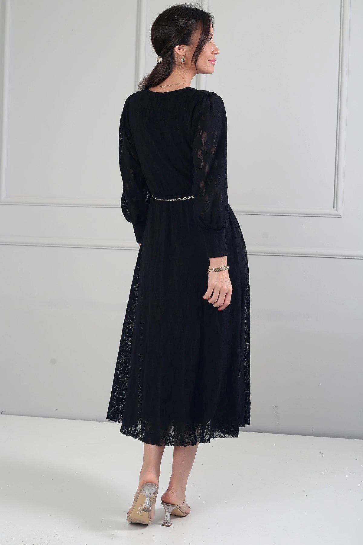 Image of Rochie midi din dantelă cu mânecă lungă și căptușeală, cu decolteu înfășurat și decolteu înfășurat pentru femei
