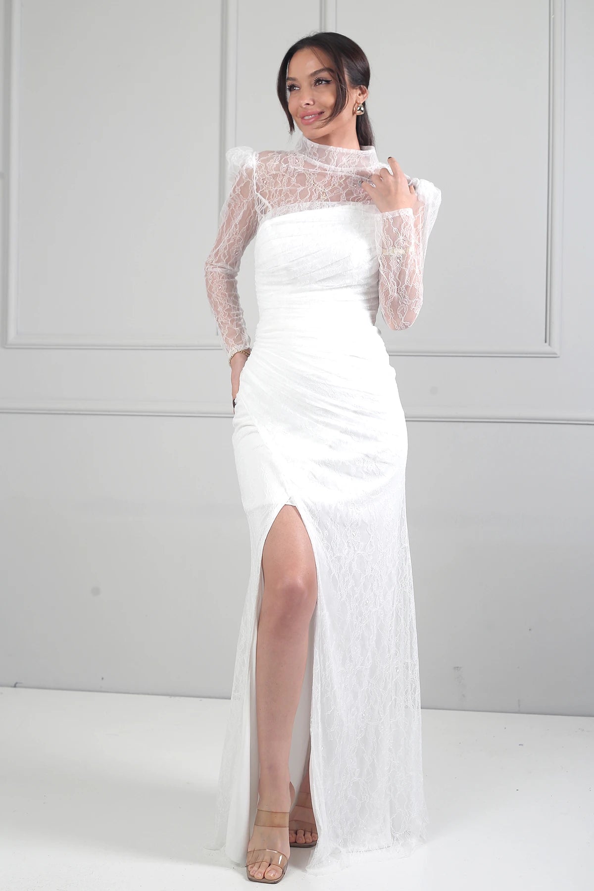 Image of Kadın 3 Parçalı Tasarım Abiye Straplez Önü Büzgülü Astarlı Uzun Elbise Dik Yaka Dantel Bluz