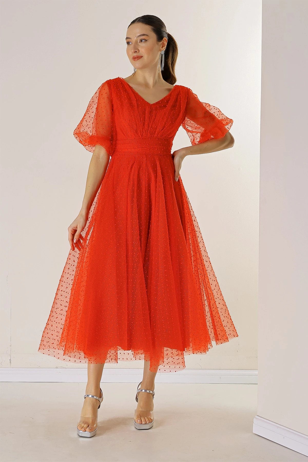 Image of Front and Back V-Neck Short Balloon Sleeved Lined Bud Pattern Glitter Dahlia Fabric Dress