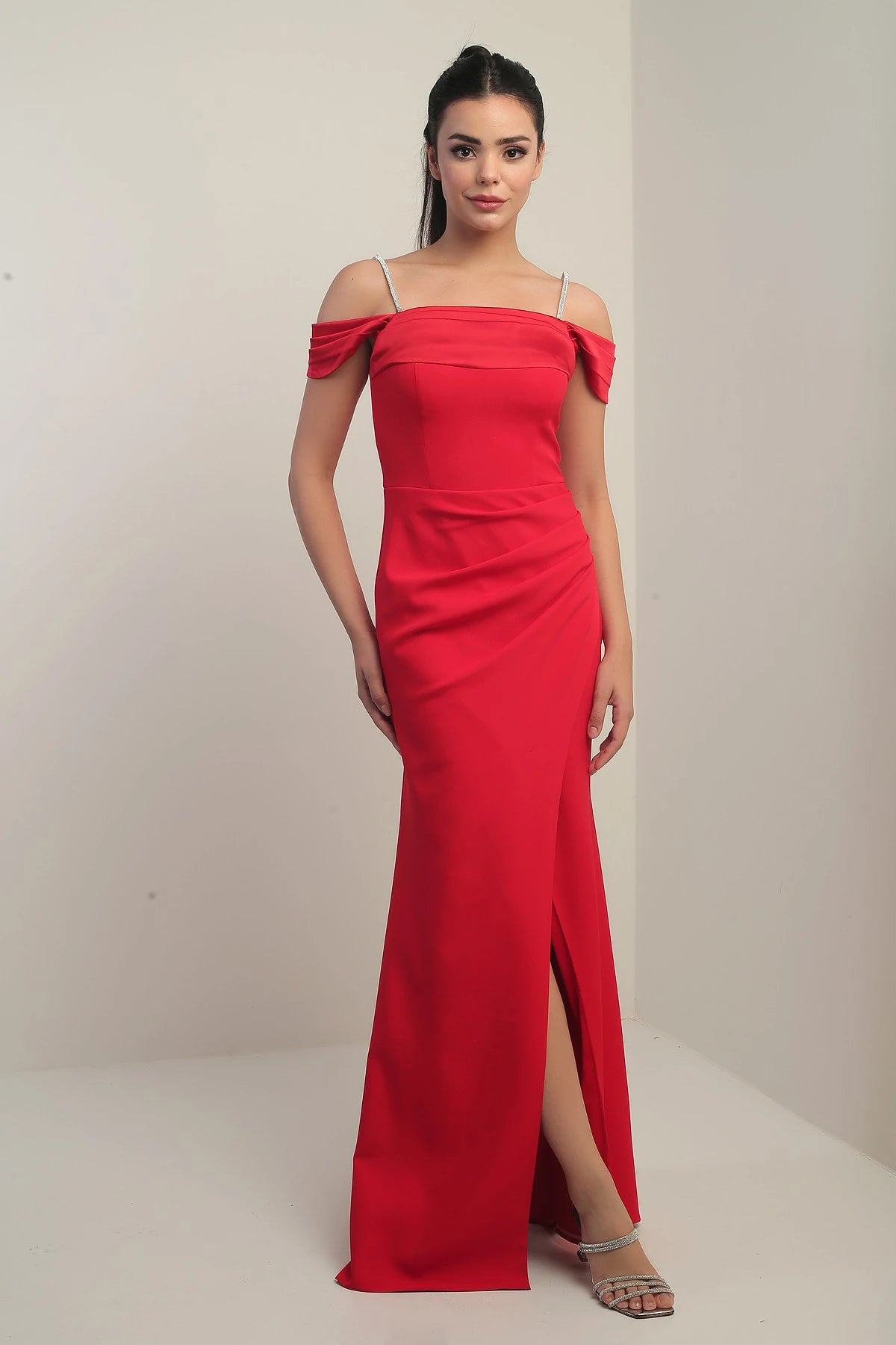 Image of Women's Embellished Thin Strap, Dropped Sleeve Satin Madonna Neckline Lined Draped Double Fishtail Dress