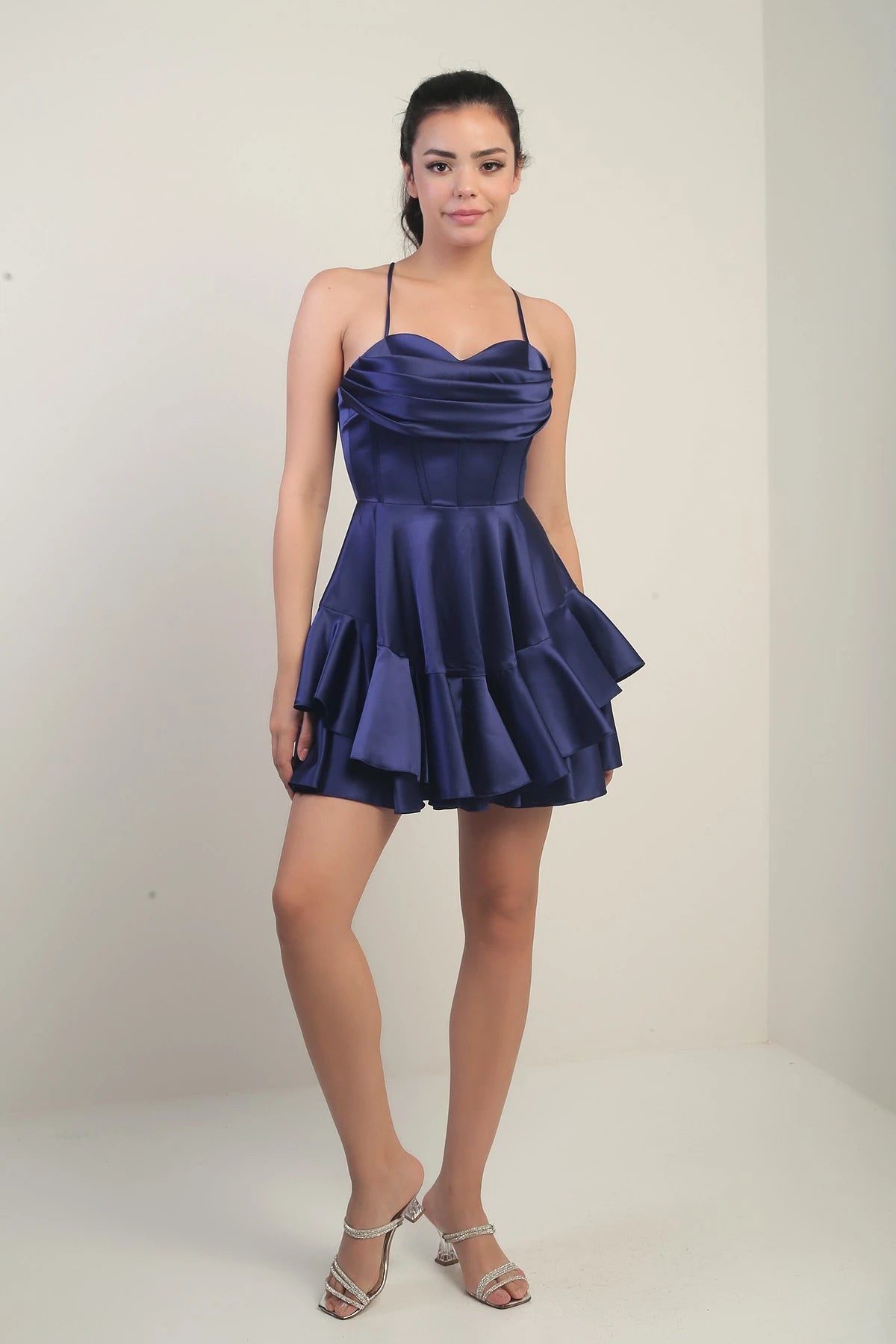 Image of Women's Strappy Back Tie Underwired Short Satin Dress with Layered Lining