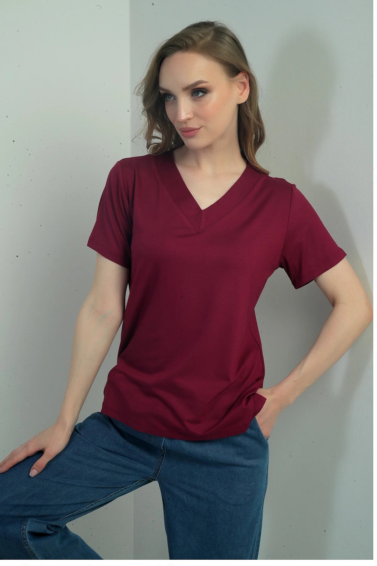 Image of Women's V-Neck Short-Sleeve Blouse with Slit