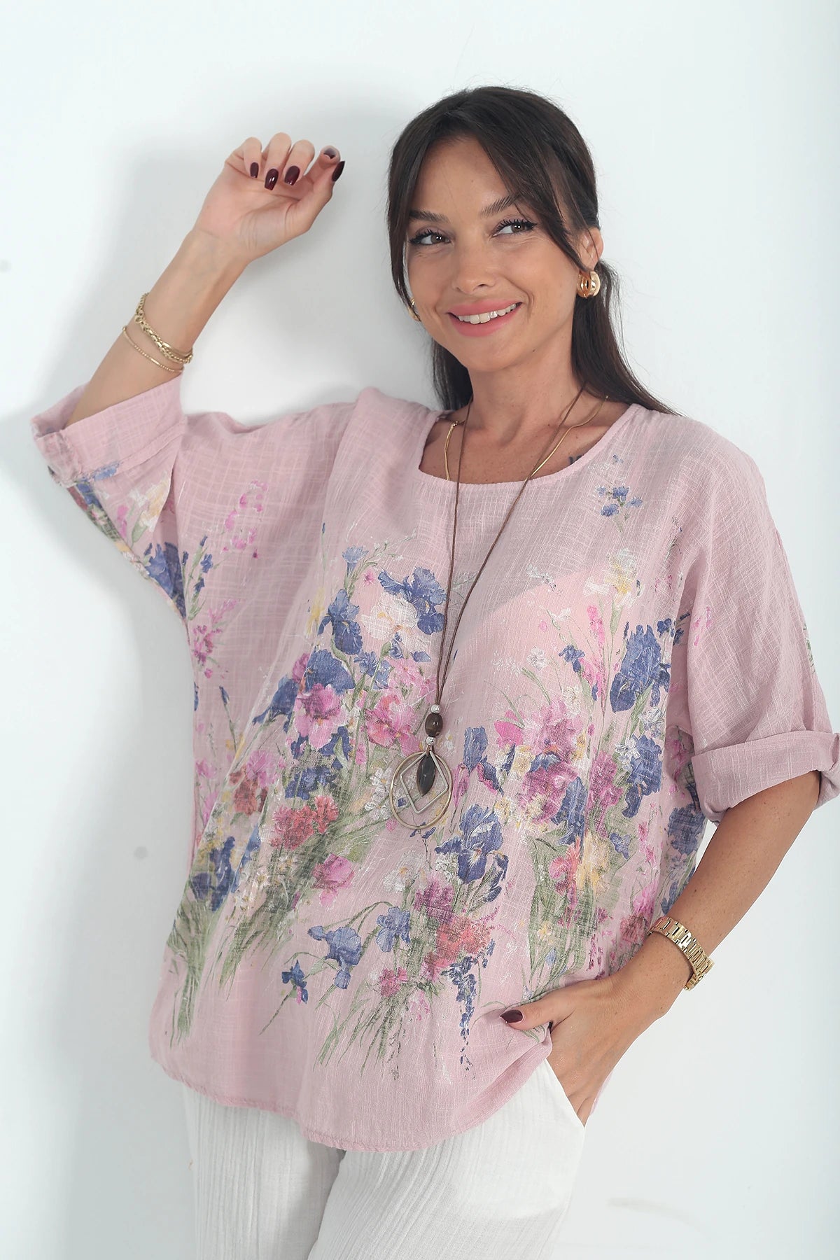 Image of Kadın İtalyan Cotton Çiçek Desenli Oversize Bluz