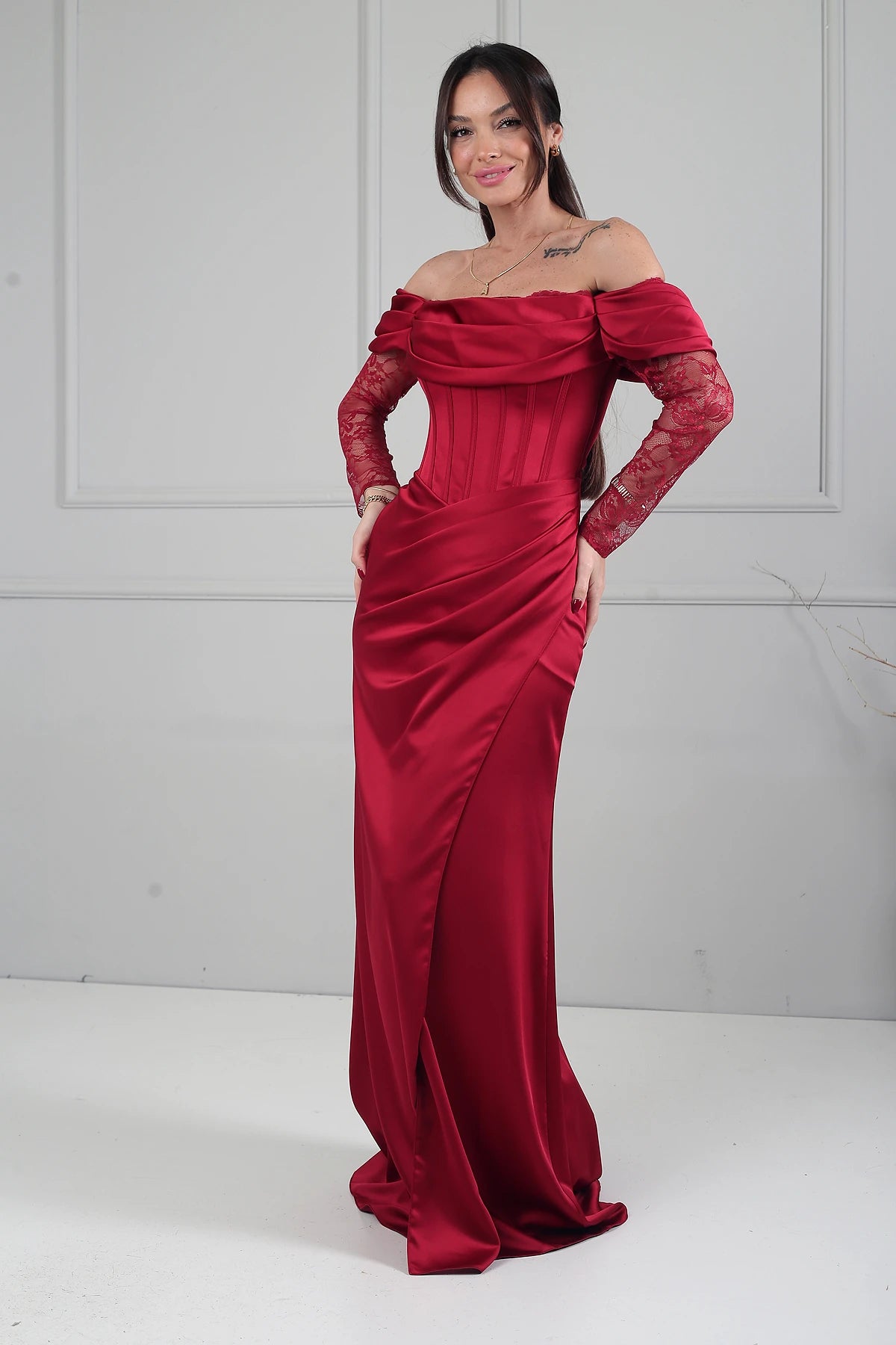 Image of Women's Boat Neck Lace Sleeve Lined Long Satin Dress