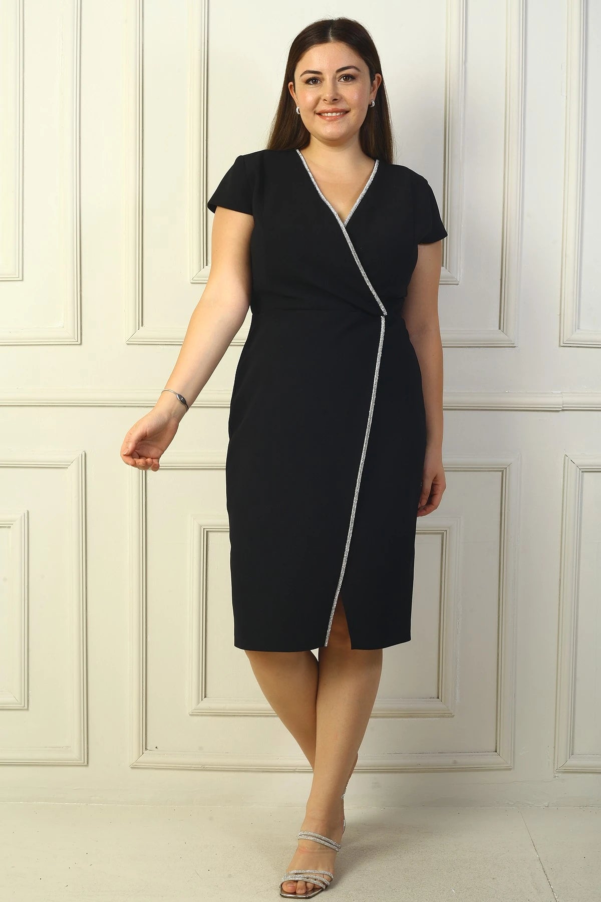 Image of Women's Wrap Neck Half-Moon Sleeve Embellished Front Slit BB Dress