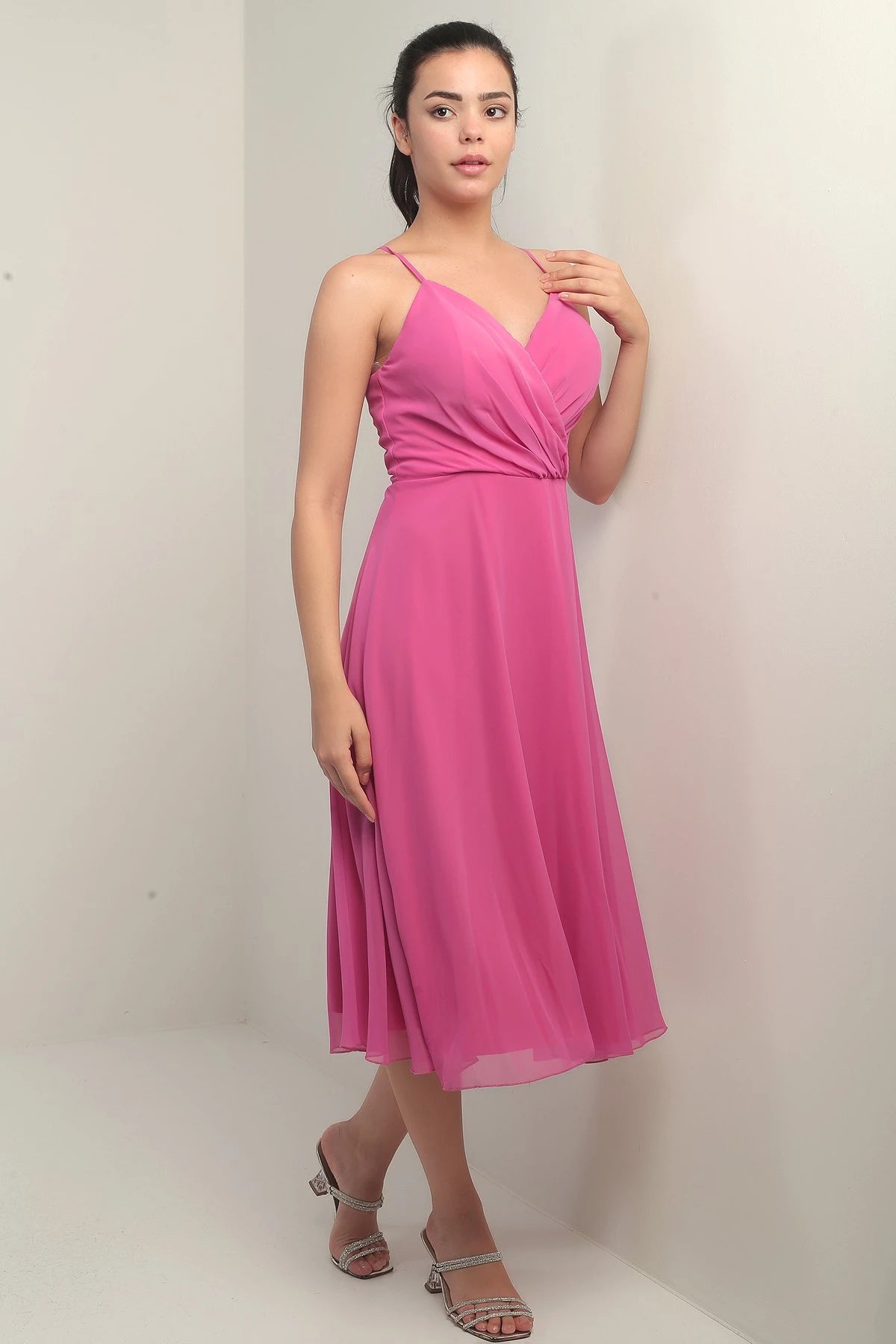 Image of Women's Strappy Wrap Neckline Lined Lace-Up Back Flared Chiffon Dress