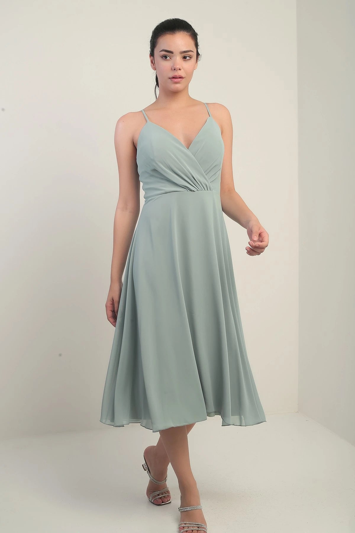 Image of Women's Strappy Wrap Neckline Lined Lace-Up Back Flared Chiffon Dress