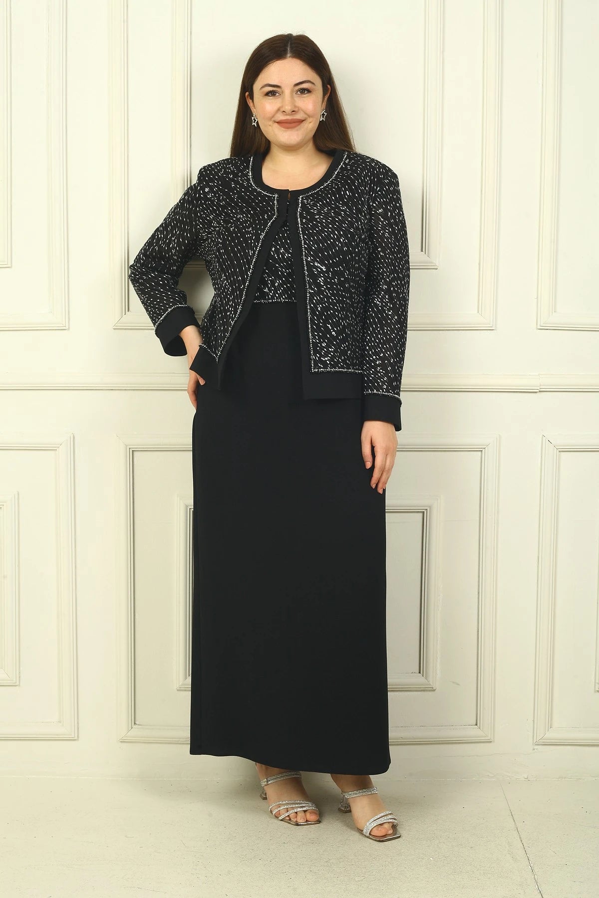 Image of Women's Beaded and Sequin Embellished Tulle Jacket, Half-Moon Sleeve Long Dress, Lined, Plus Size Two-Piece Set