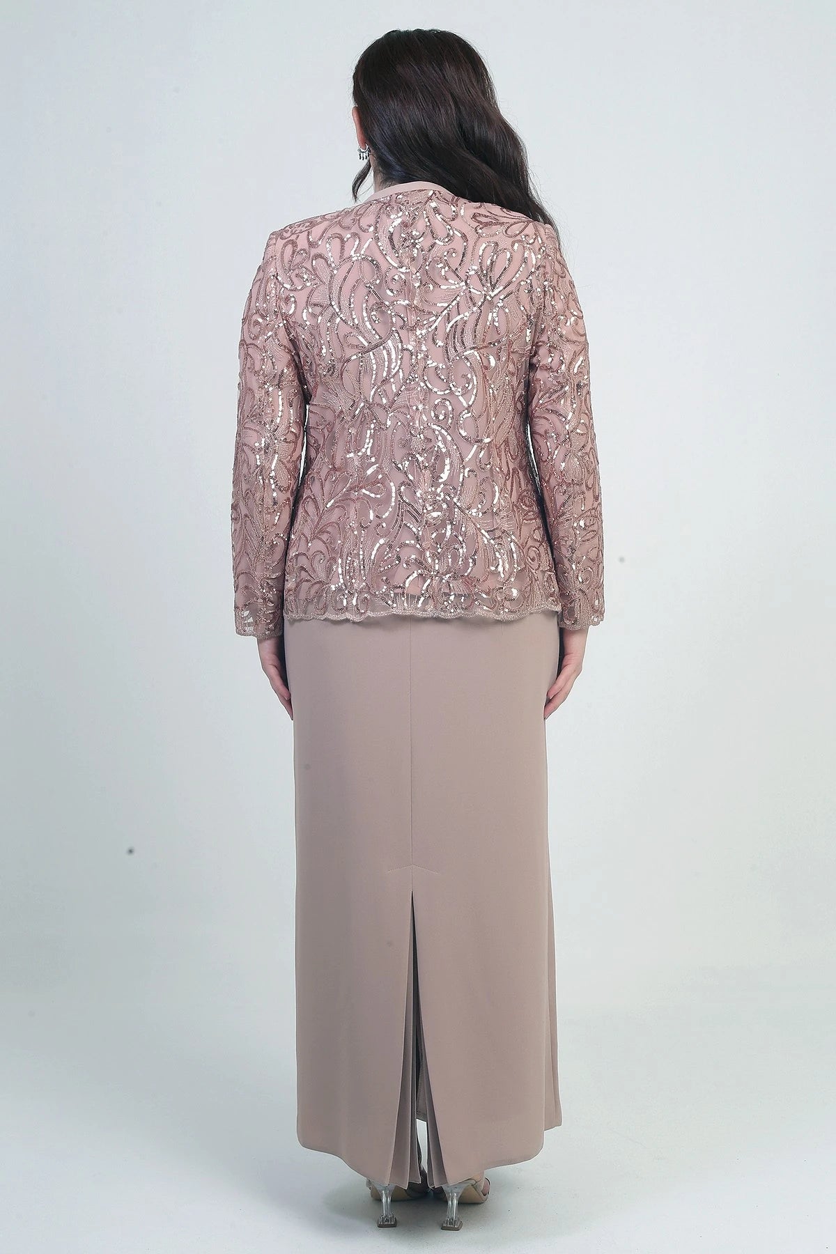 Image of Women's Sequin Embellished Beaded Tulle Jacket, Half-Moon Sleeve Long Dress, Lined Crepe, Plus Size 2-Piece Set