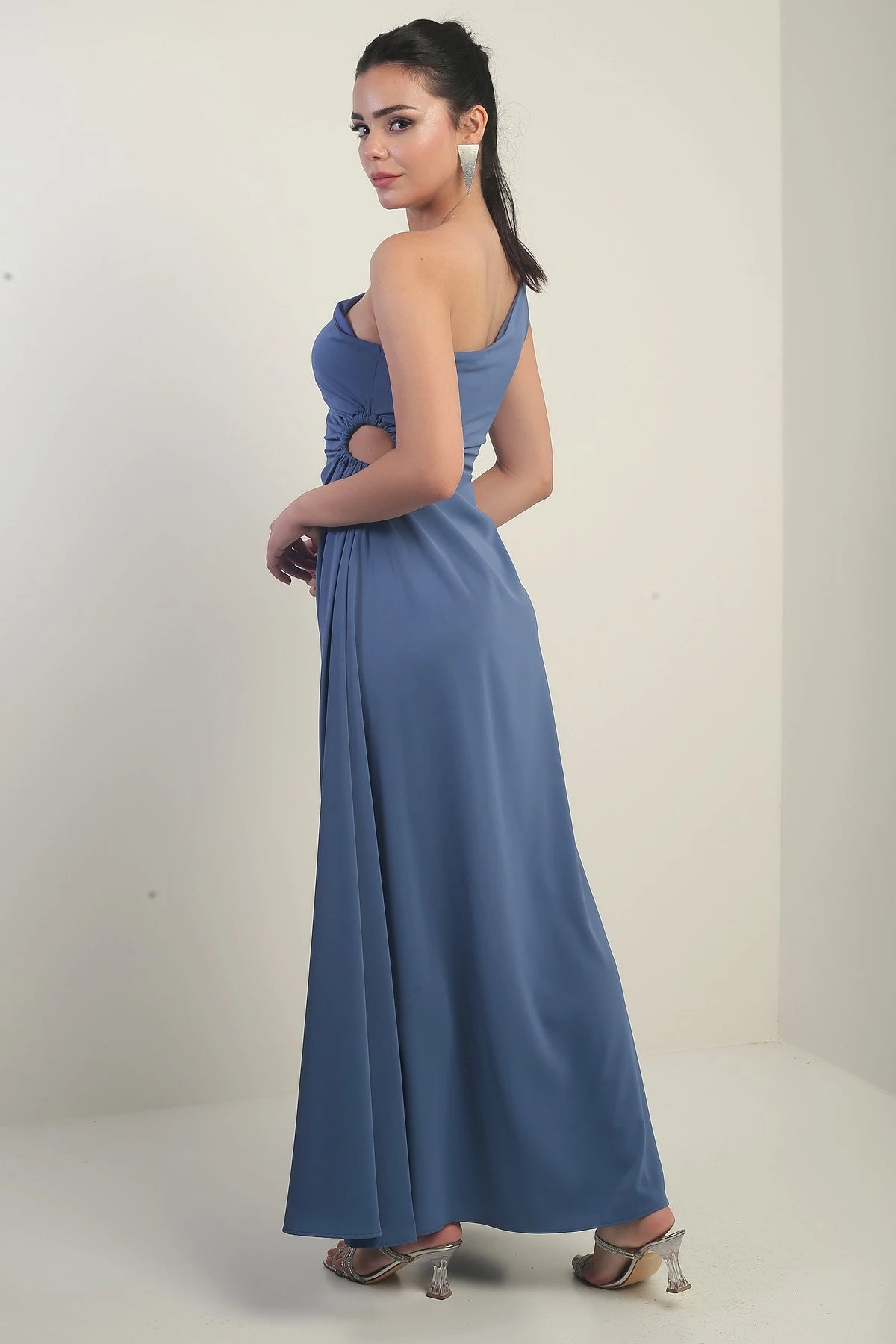 Image of Women's One-Shoulder Long Crepe Satin Dress with Side Window Detail