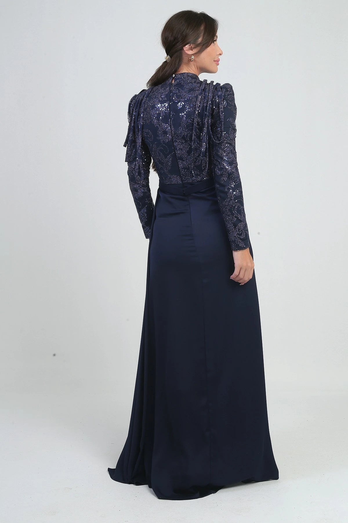 Image of Women's Long Chiffon Dress with Sequin and Glitter Detail on Top and Gathered Skirt, Lined