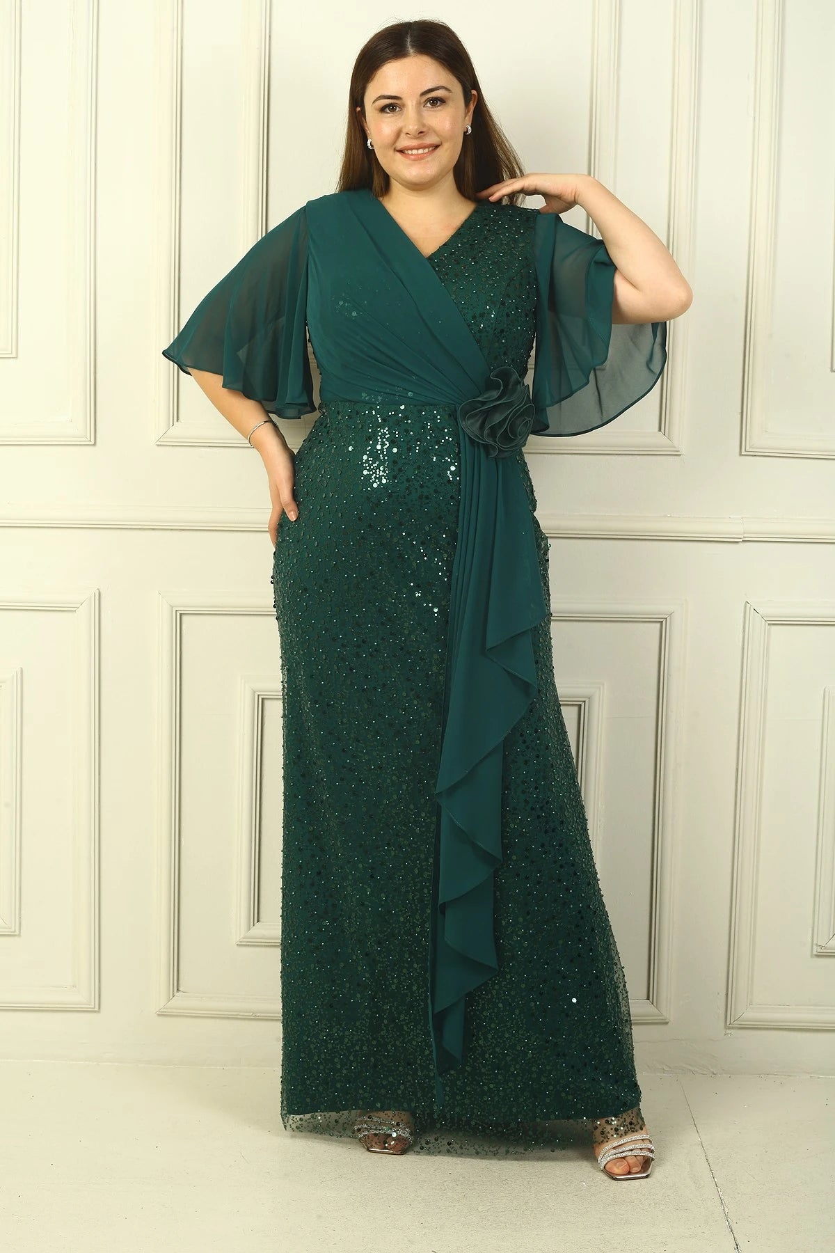 Image of Women's Beaded and Sequined Chiffon Lined Long BB Dress