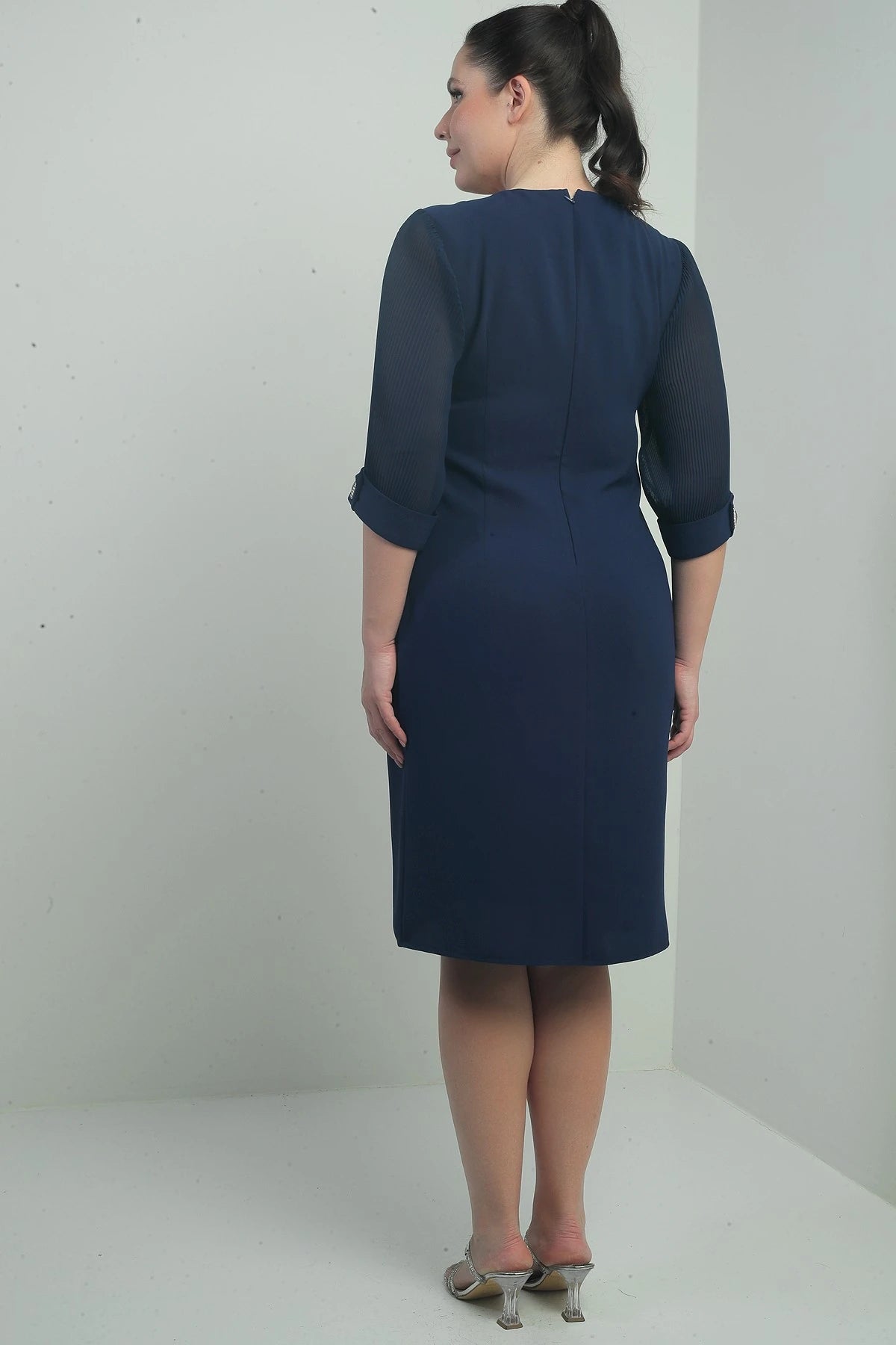 Image of Women's Plus Size Dress with Chiffon Pleated Sleeves and Lining