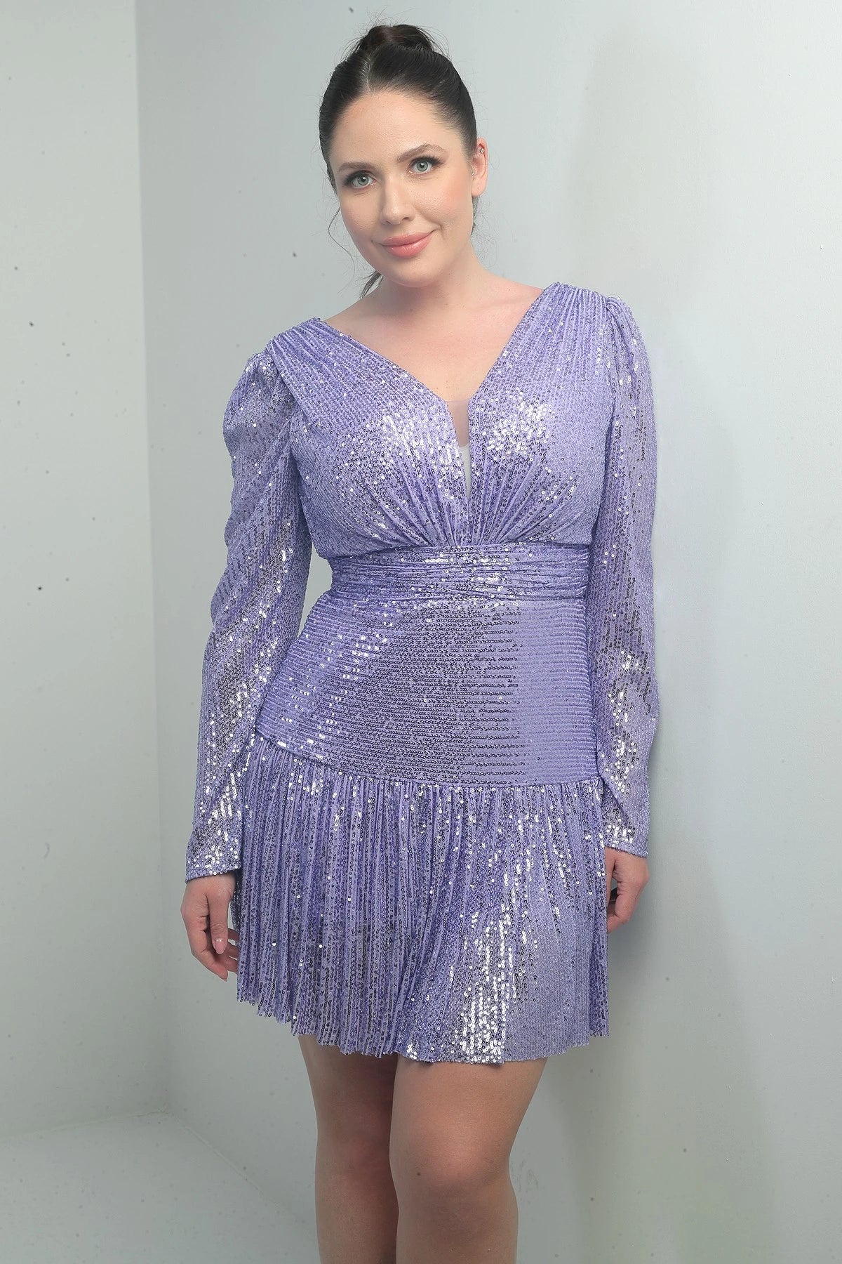 Image of Women's Front and Back V-Neck Lined Draped Long Sleeved Plus Size Sequin Dress