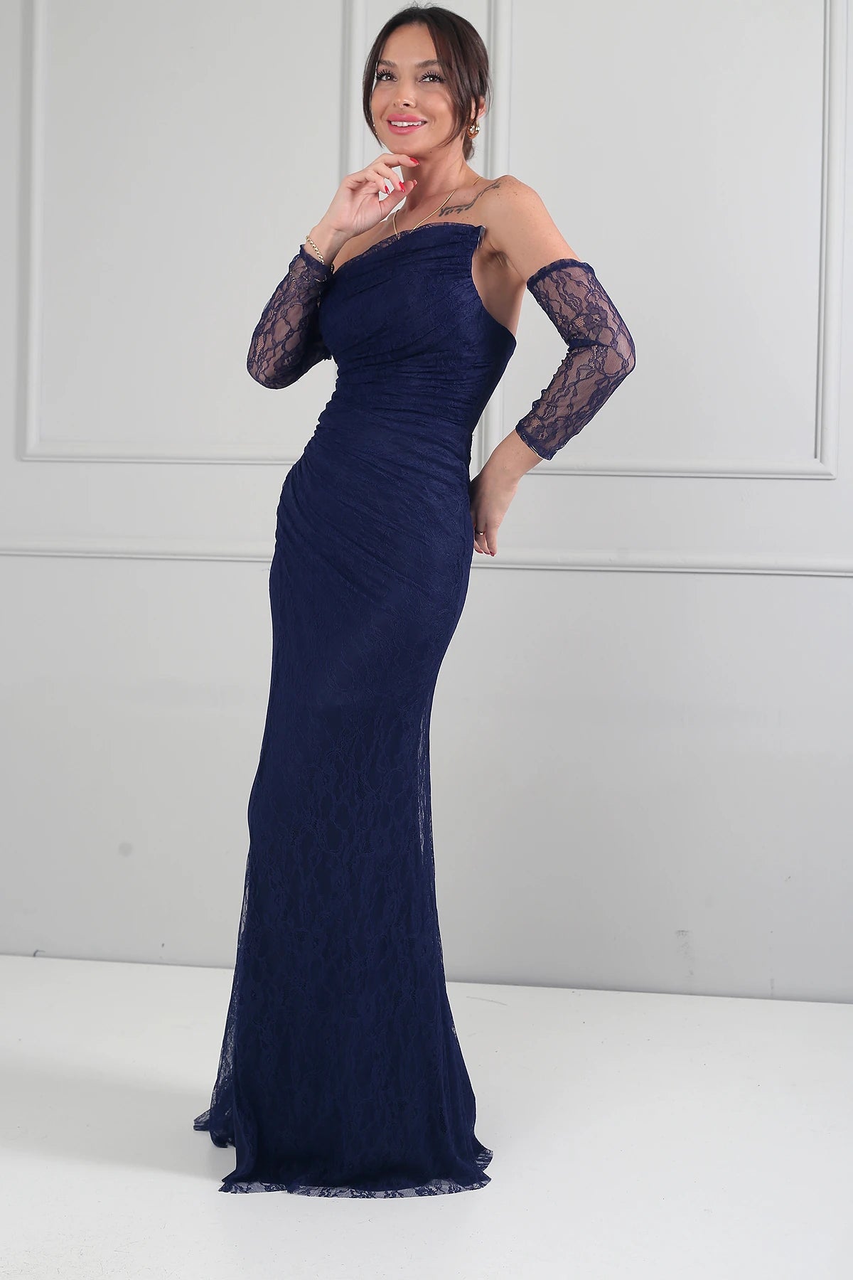 Image of Kadın 3 Parçalı Tasarım Abiye Straplez Önü Büzgülü Astarlı Uzun Elbise Dik Yaka Dantel Bluz