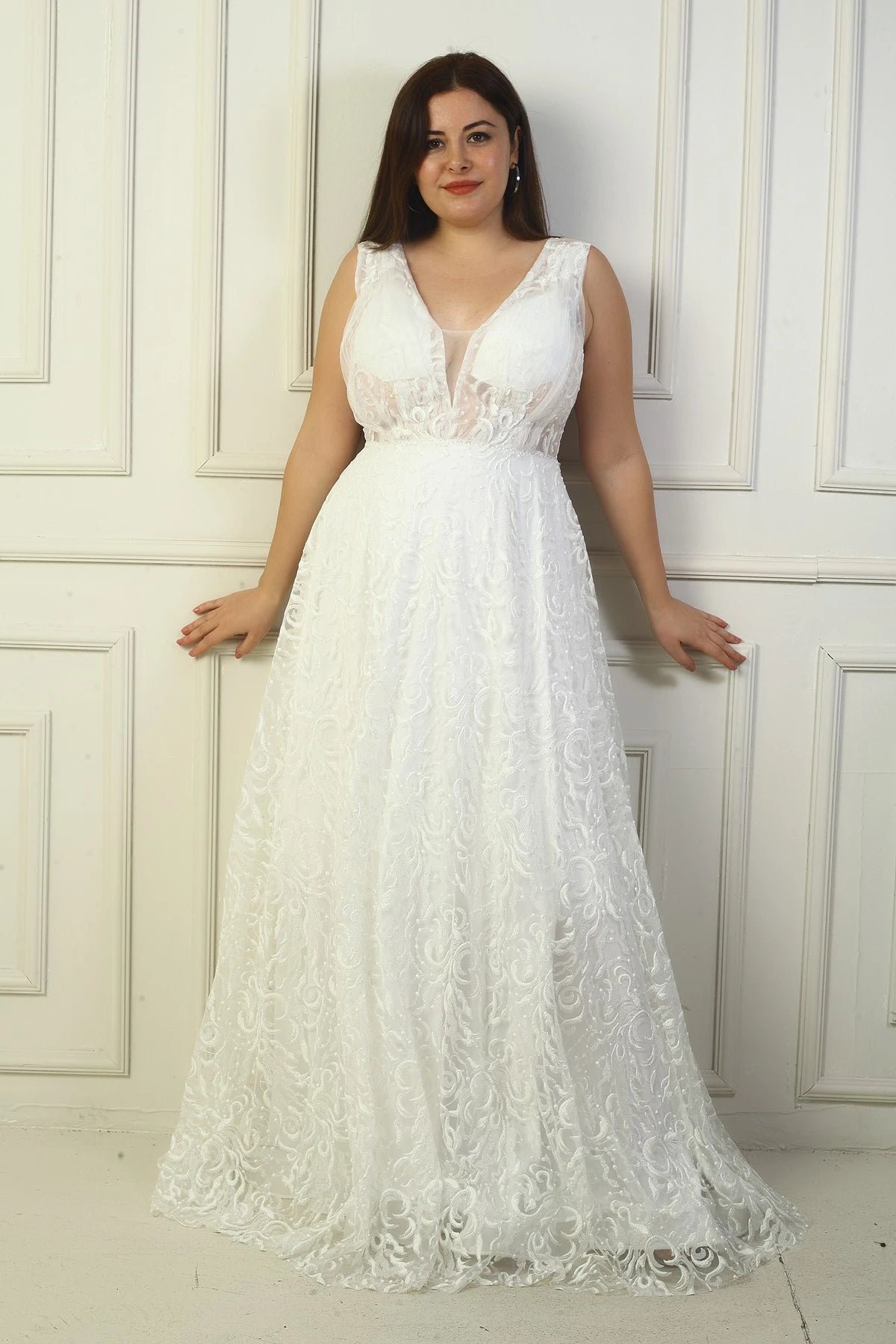 Image of Women's Front and Back V-Neck, Bust Pleat, Back Lace-up, Lined, Glitter Flock Print Long Evening Dress